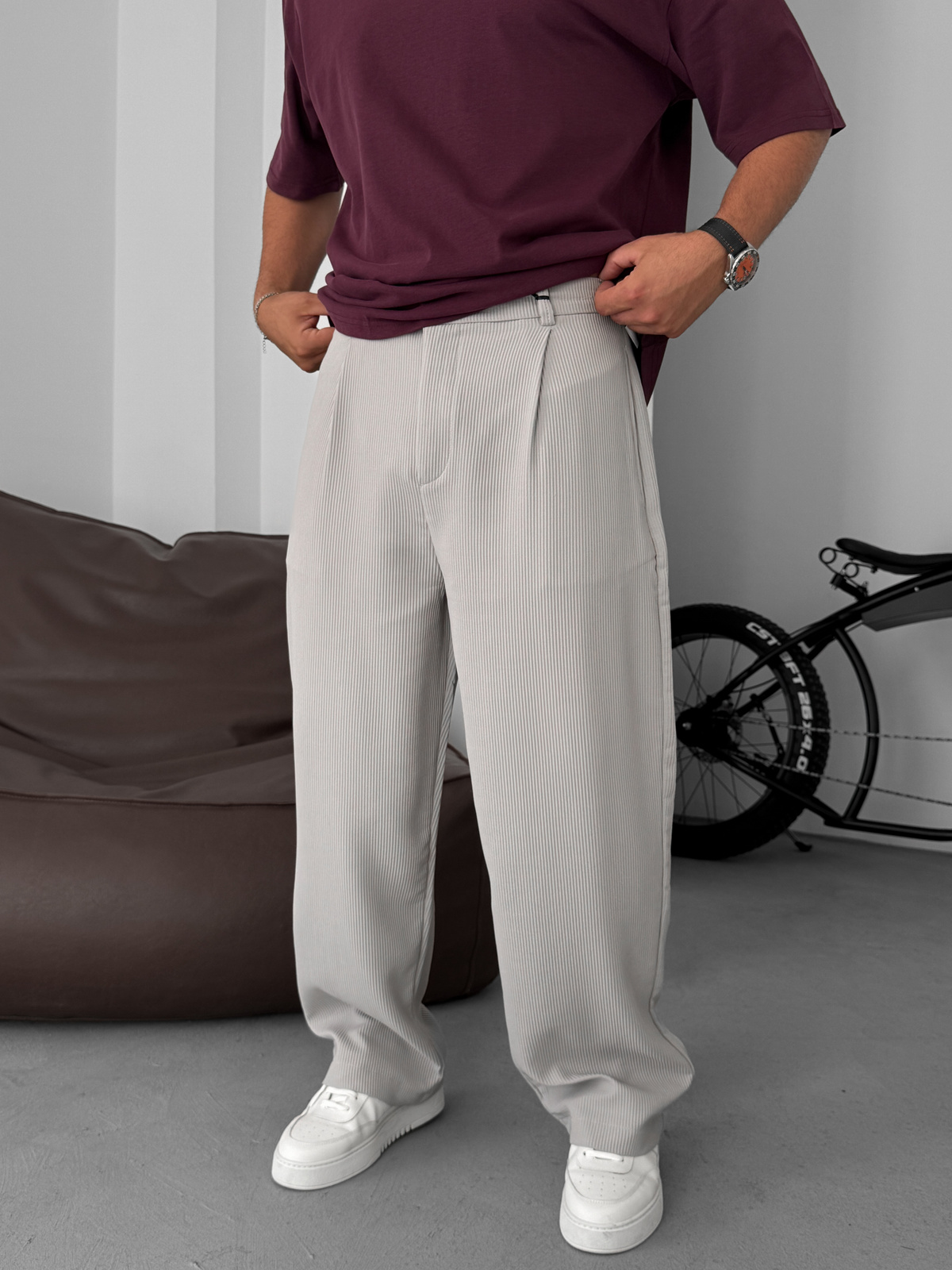 Gri Likralı Fitilli Baggy Pantolon C-06