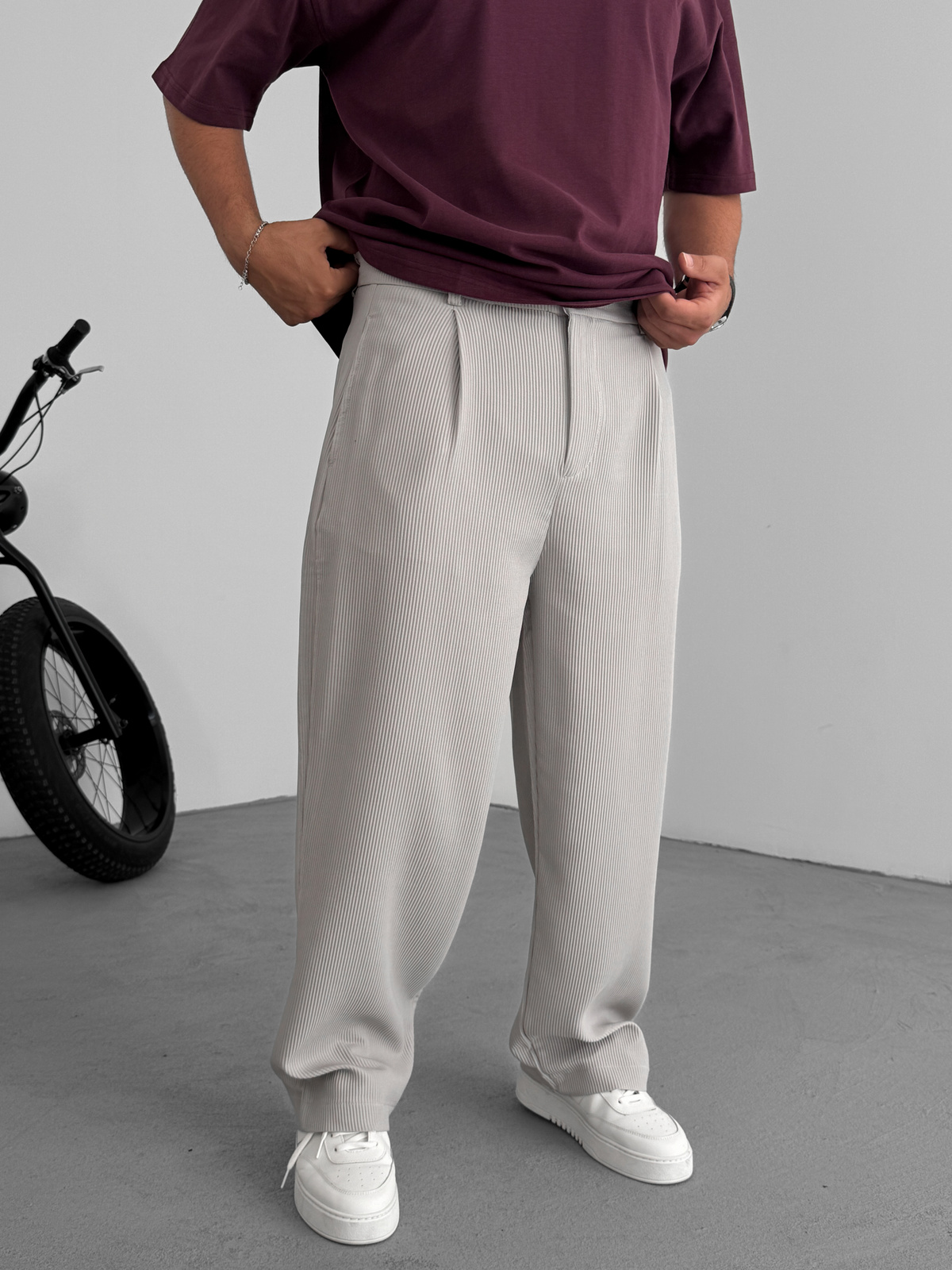 Gri Likralı Fitilli Baggy Pantolon C-06