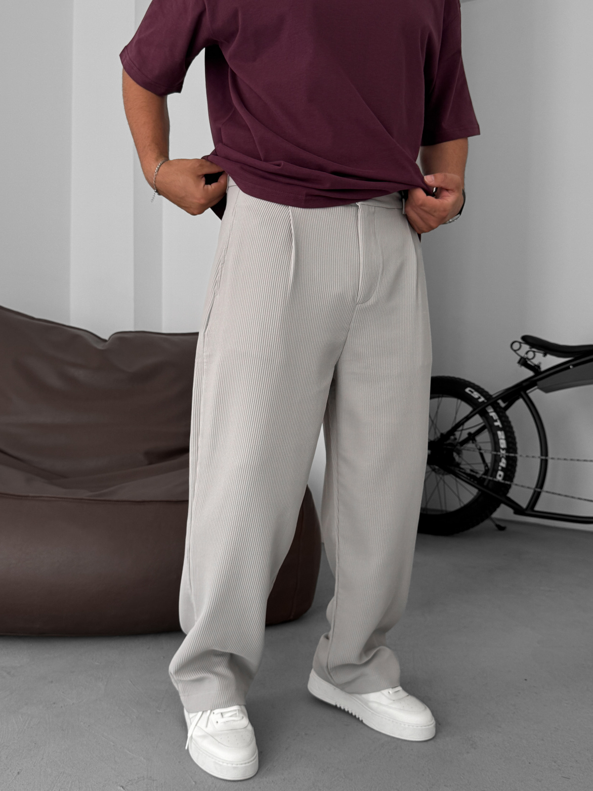 Gri Likralı Fitilli Baggy Pantolon C-06