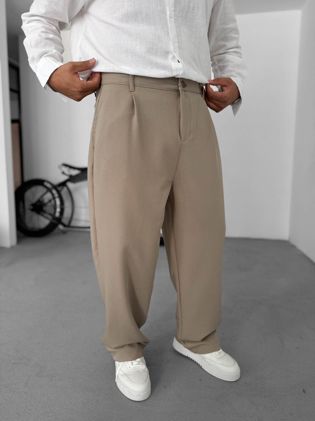 Bej Pileli Kumaş Baggy Pantolon C-05