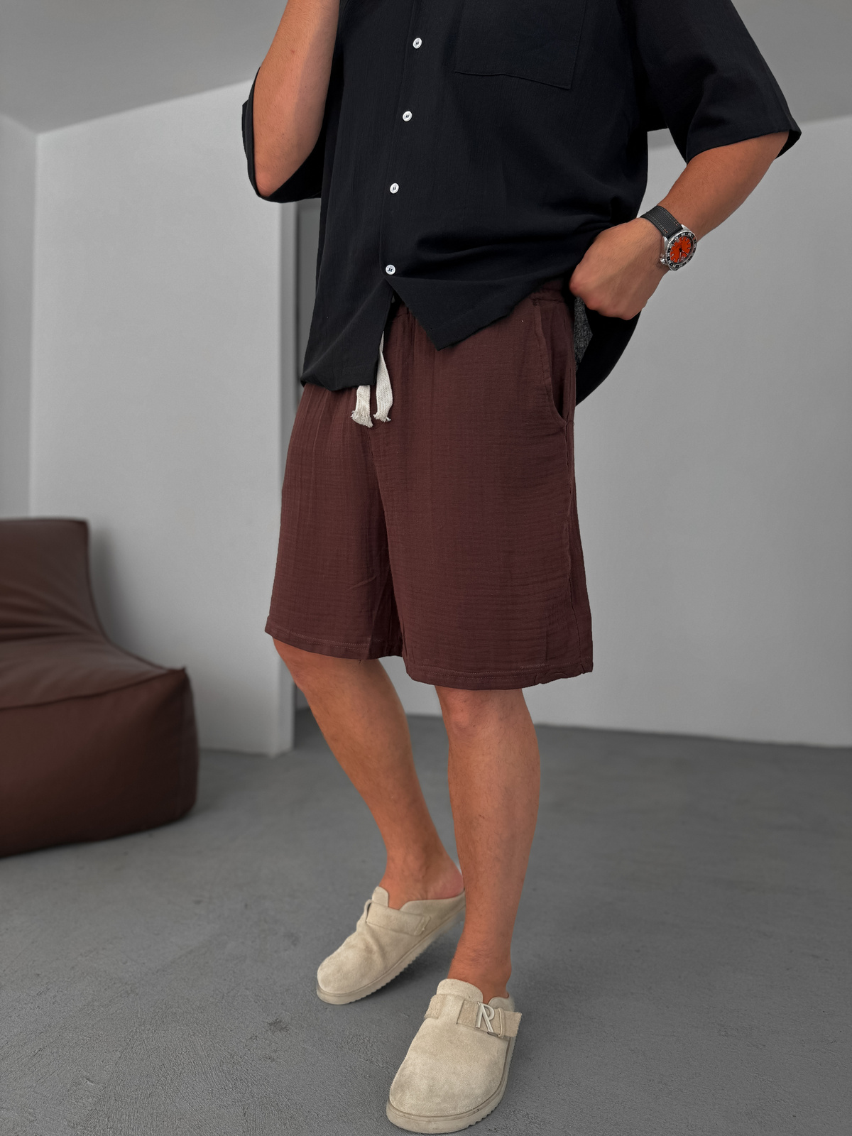 Kahve Müslin Kumaş Basic Şort KE-7002