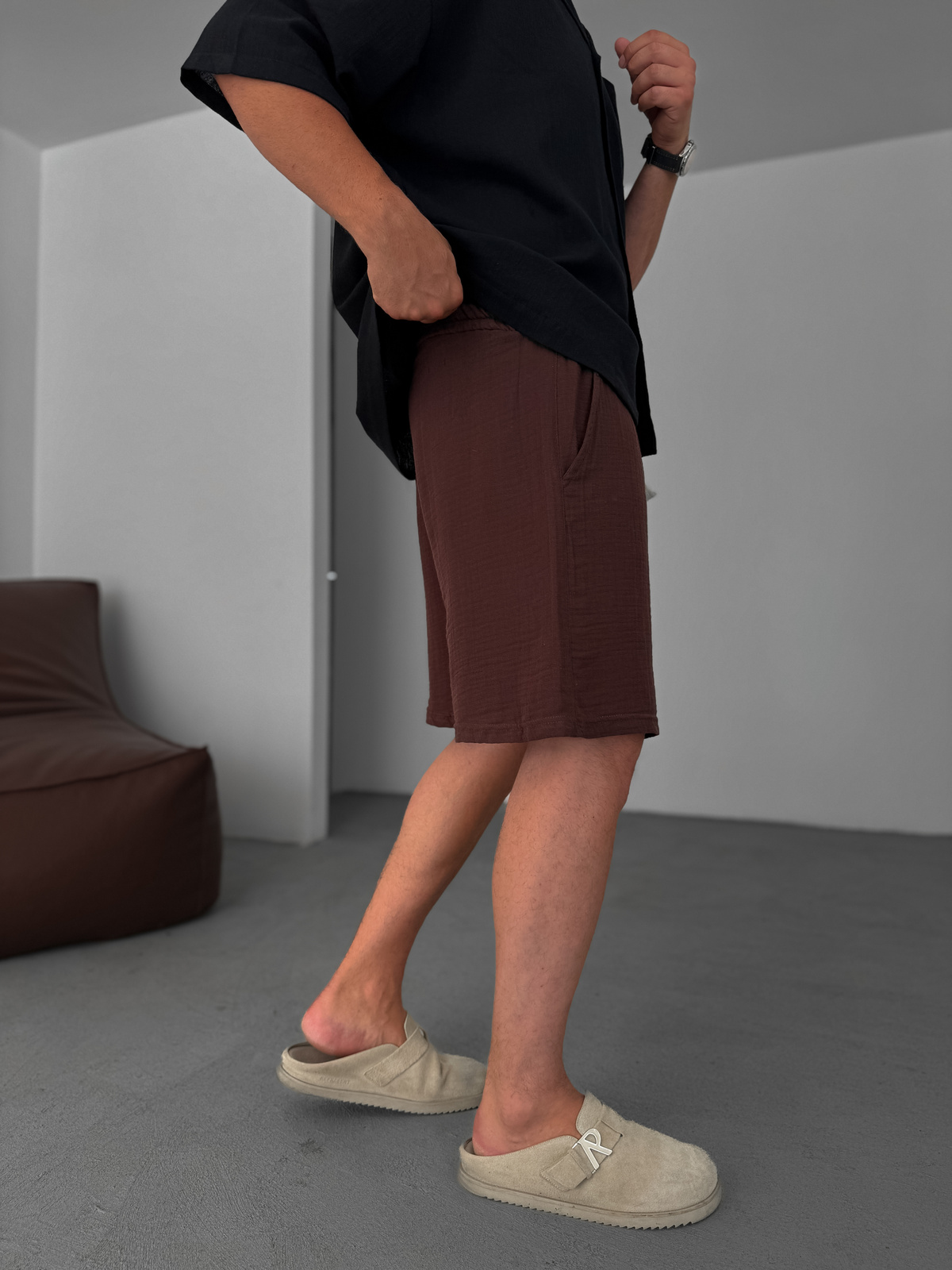 Kahve Müslin Kumaş Basic Şort KE-7002