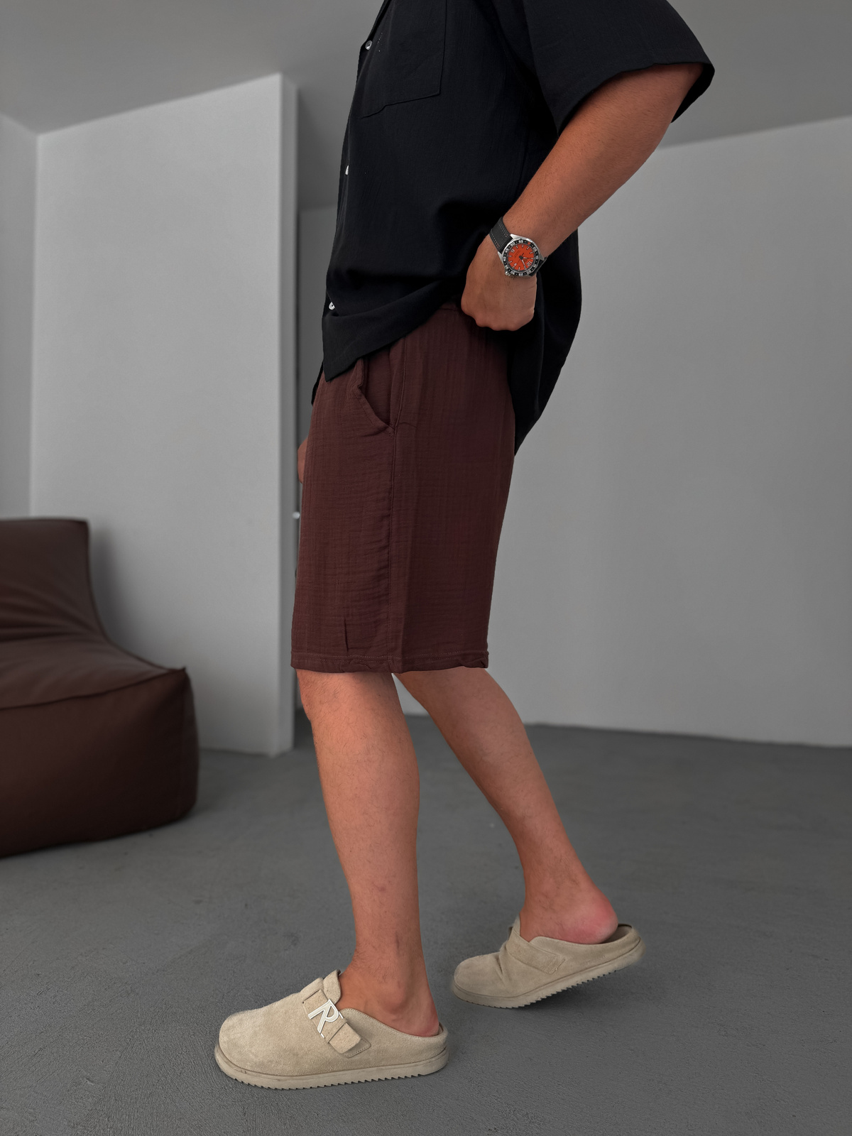 Kahve Müslin Kumaş Basic Şort KE-7002