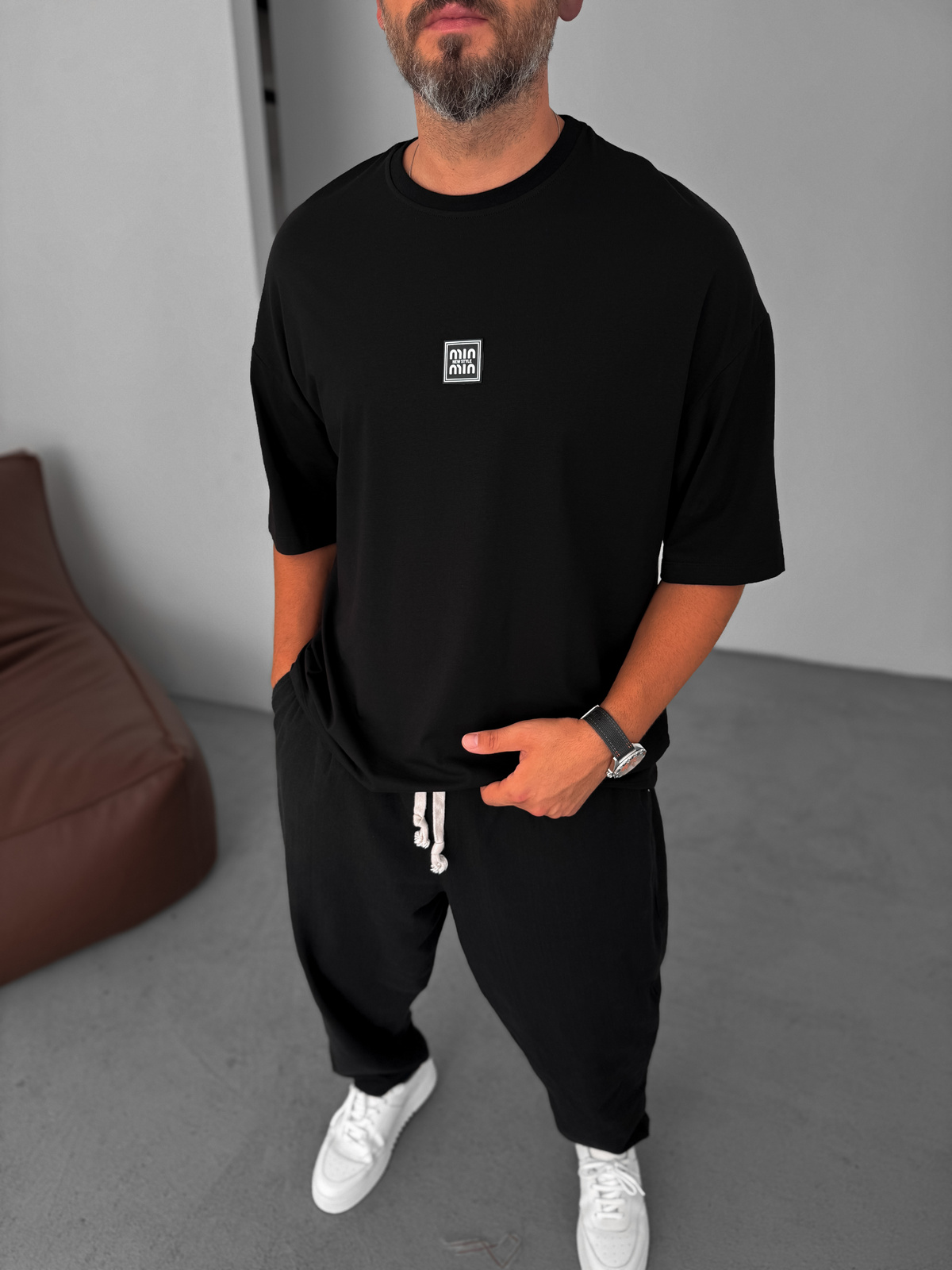 Siyah MIN Patchli Oversize T-Shirt BY-078