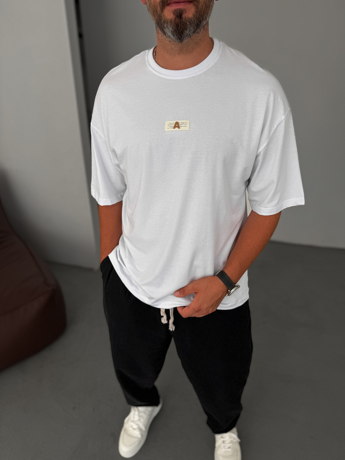 Beyaz A Yazı Patchli Oversize T-Shirt BY-079