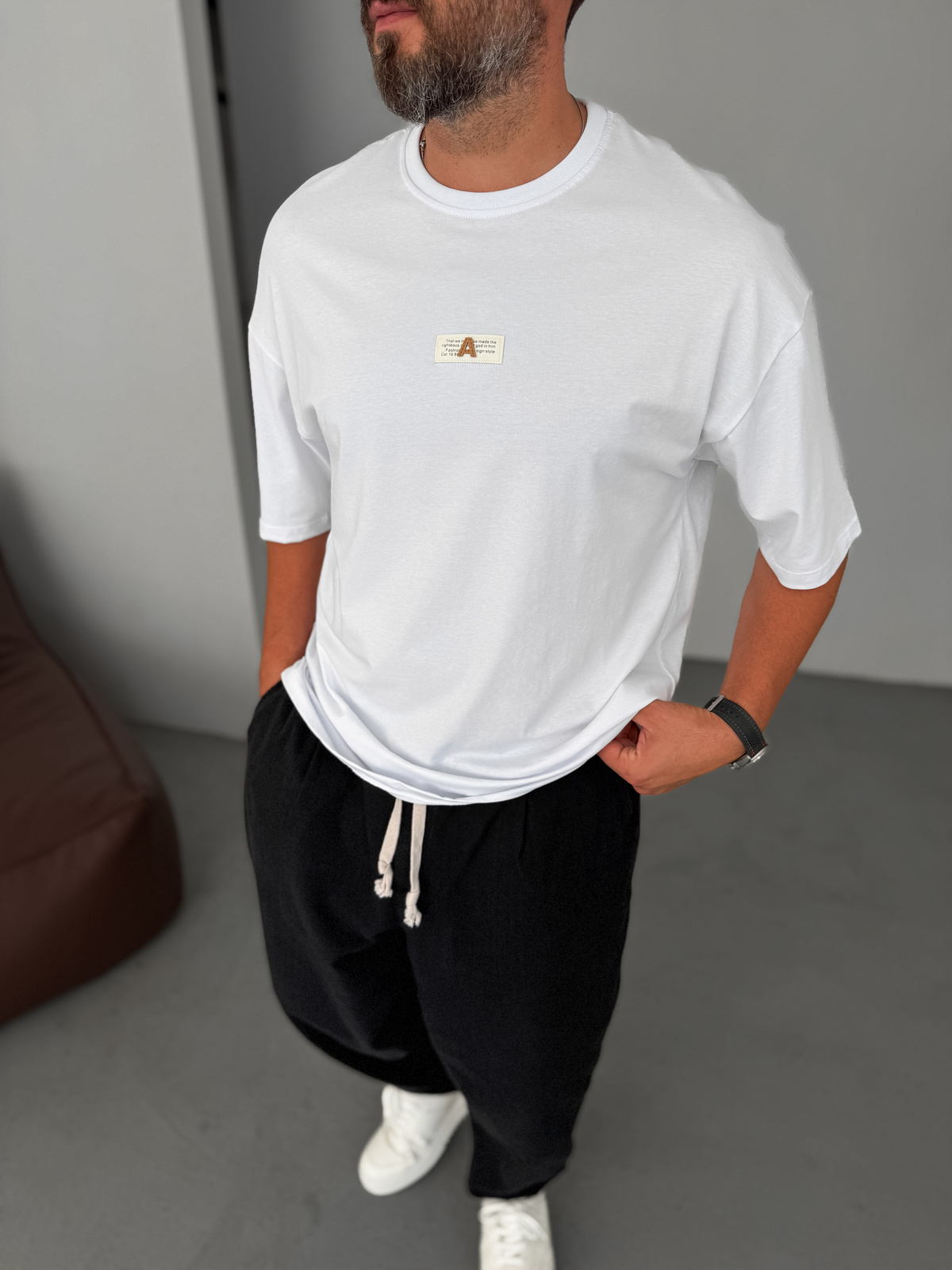Beyaz A Yazı Patchli Oversize T-Shirt BY-079