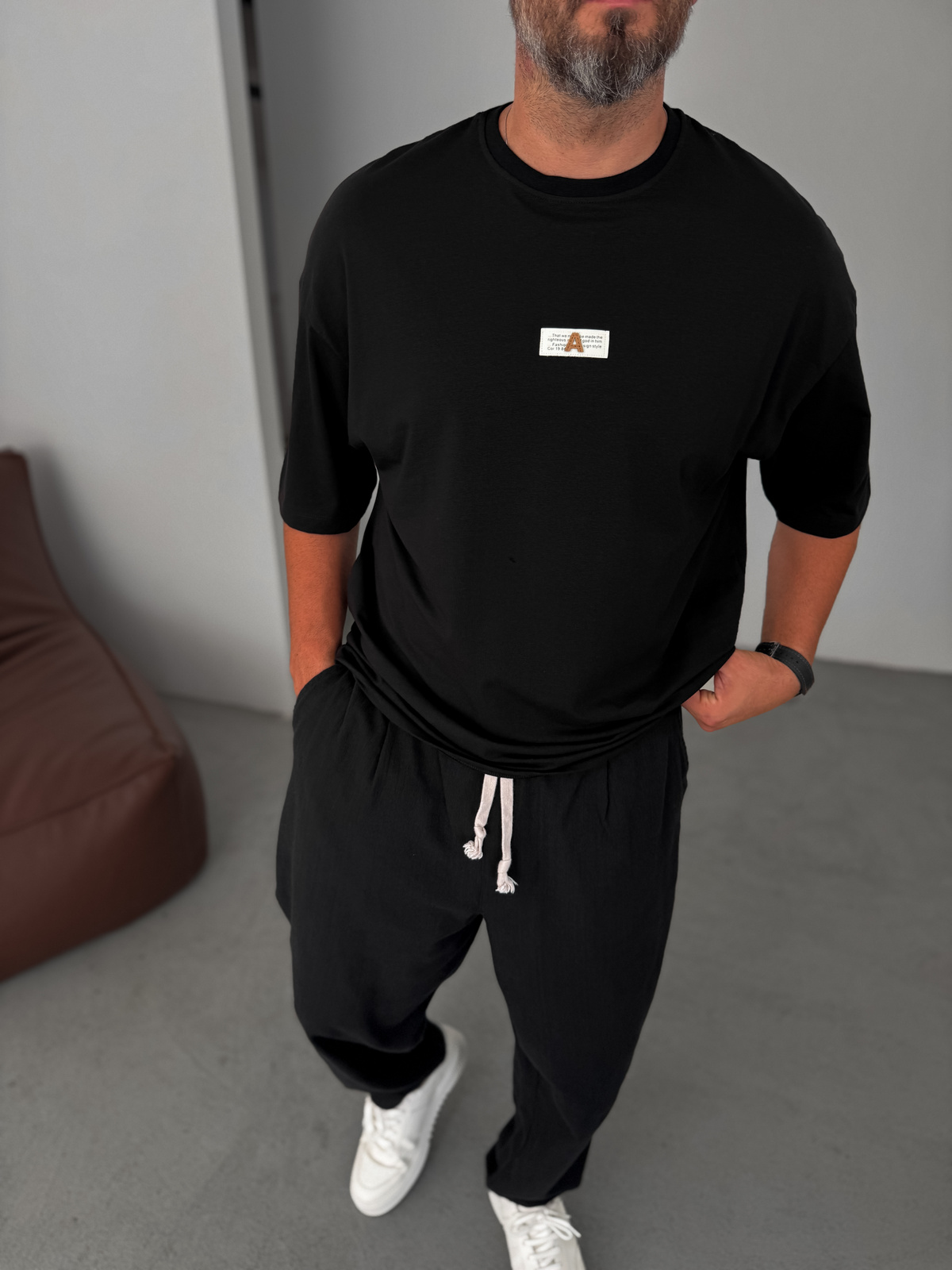 Siyah A Yazı Patchli Oversize T-Shirt BY-079