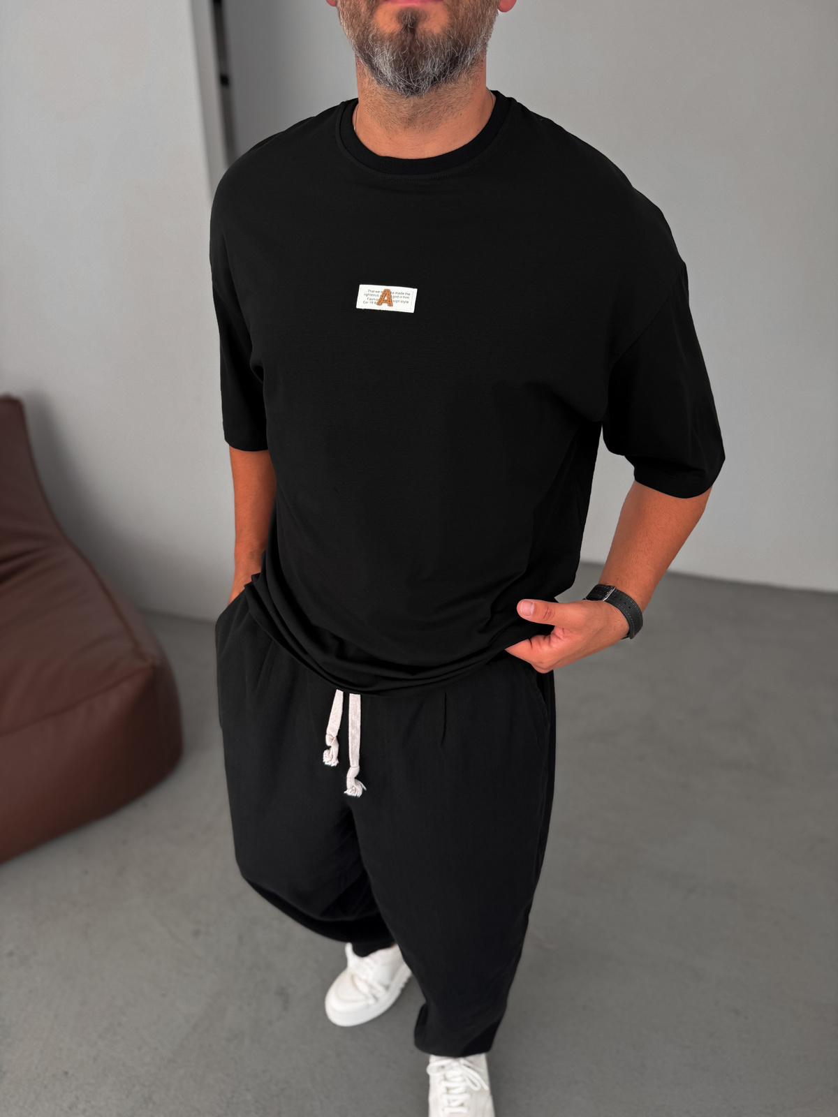 Siyah A Yazı Patchli Oversize T-Shirt BY-079