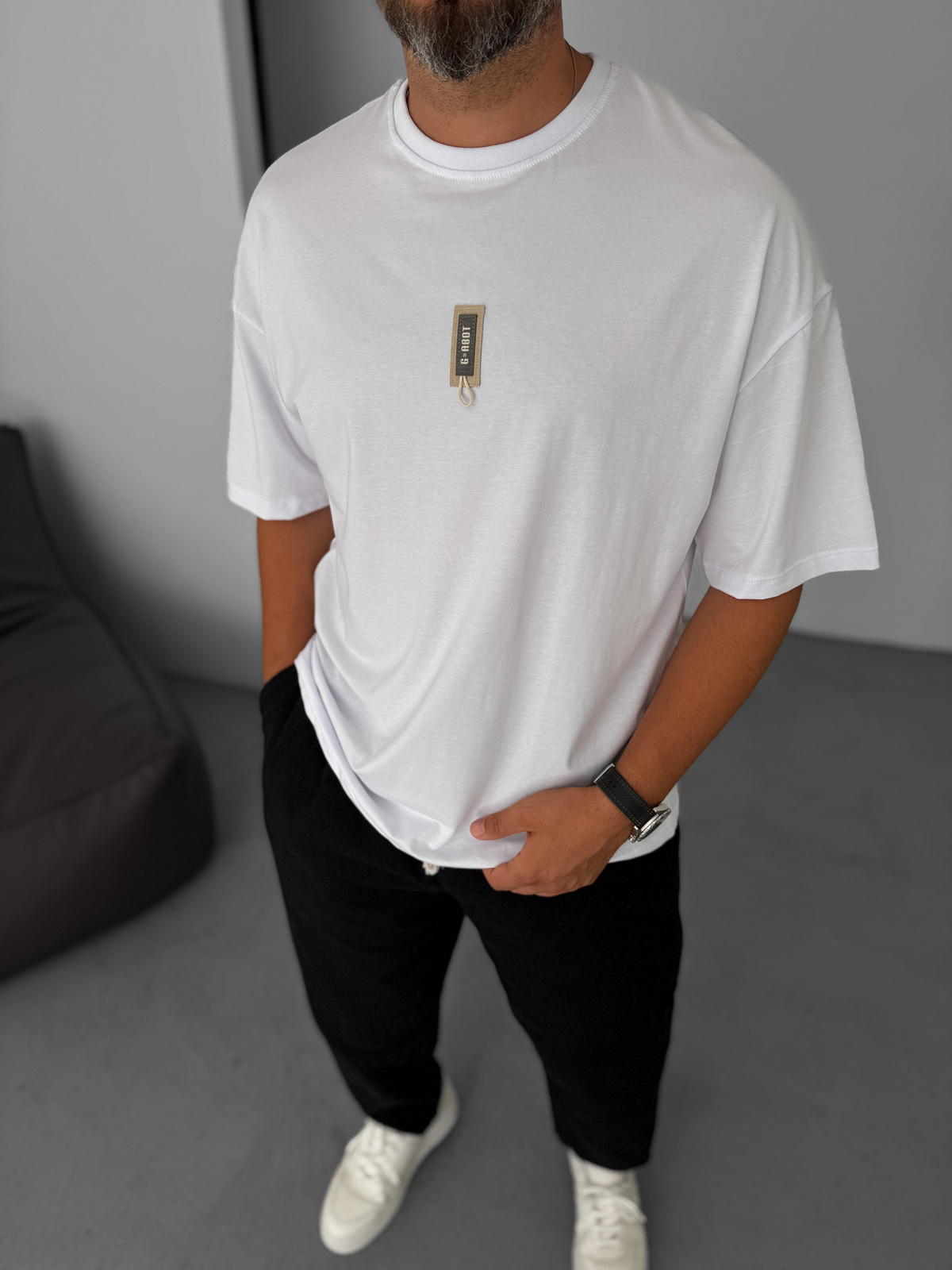 Beyaz G- İpli Patchli Oversize T-Shirt BY-080