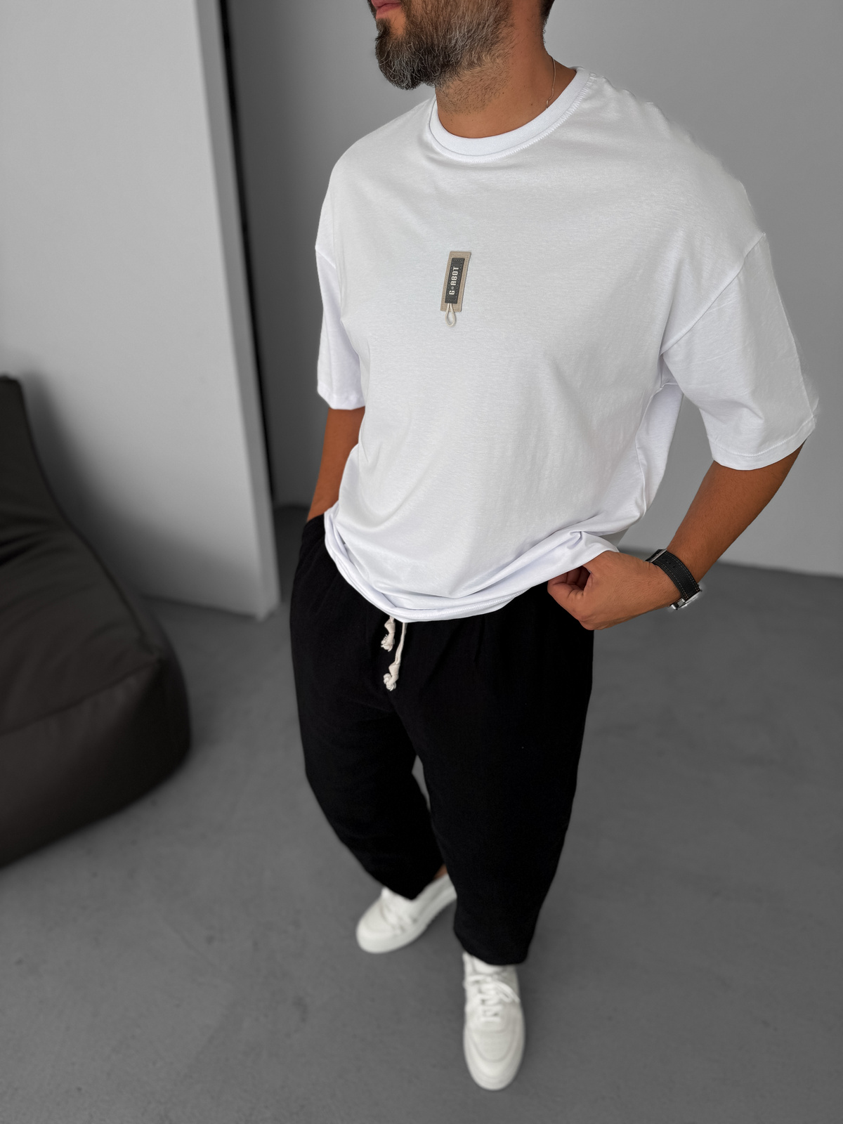 Beyaz G- İpli Patchli Oversize T-Shirt BY-080
