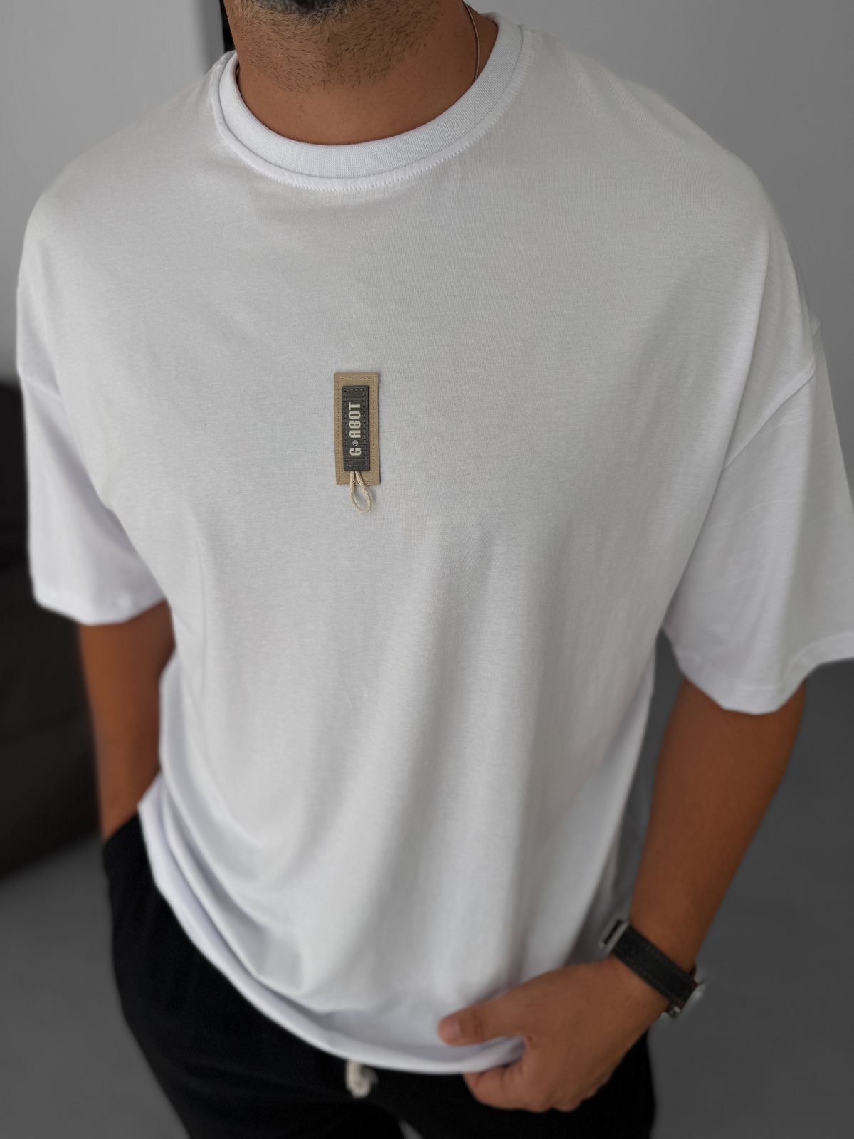 Beyaz G- İpli Patchli Oversize T-Shirt BY-080