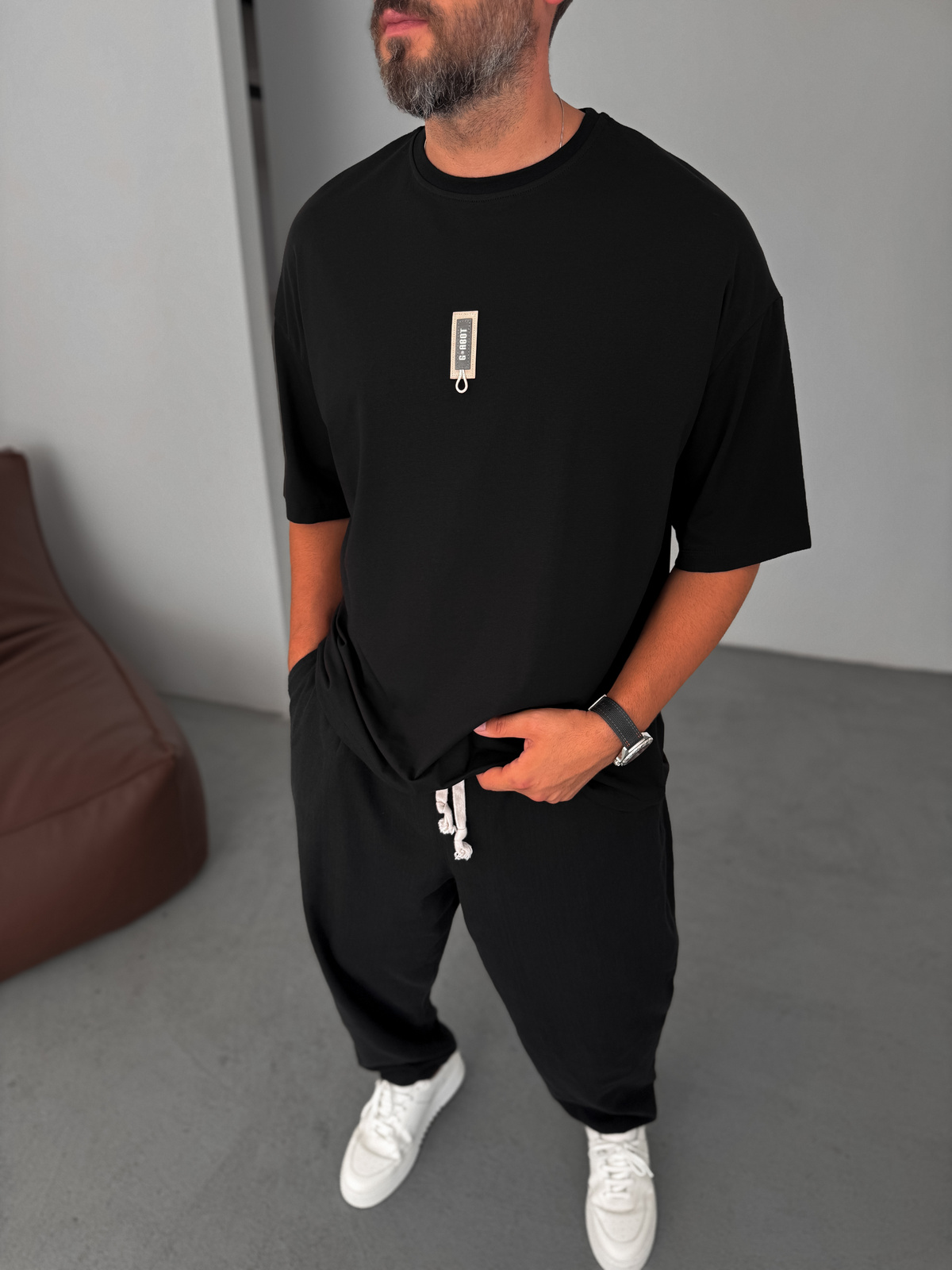 Siyah G- İpli Patchli Oversize T-Shirt BY-080