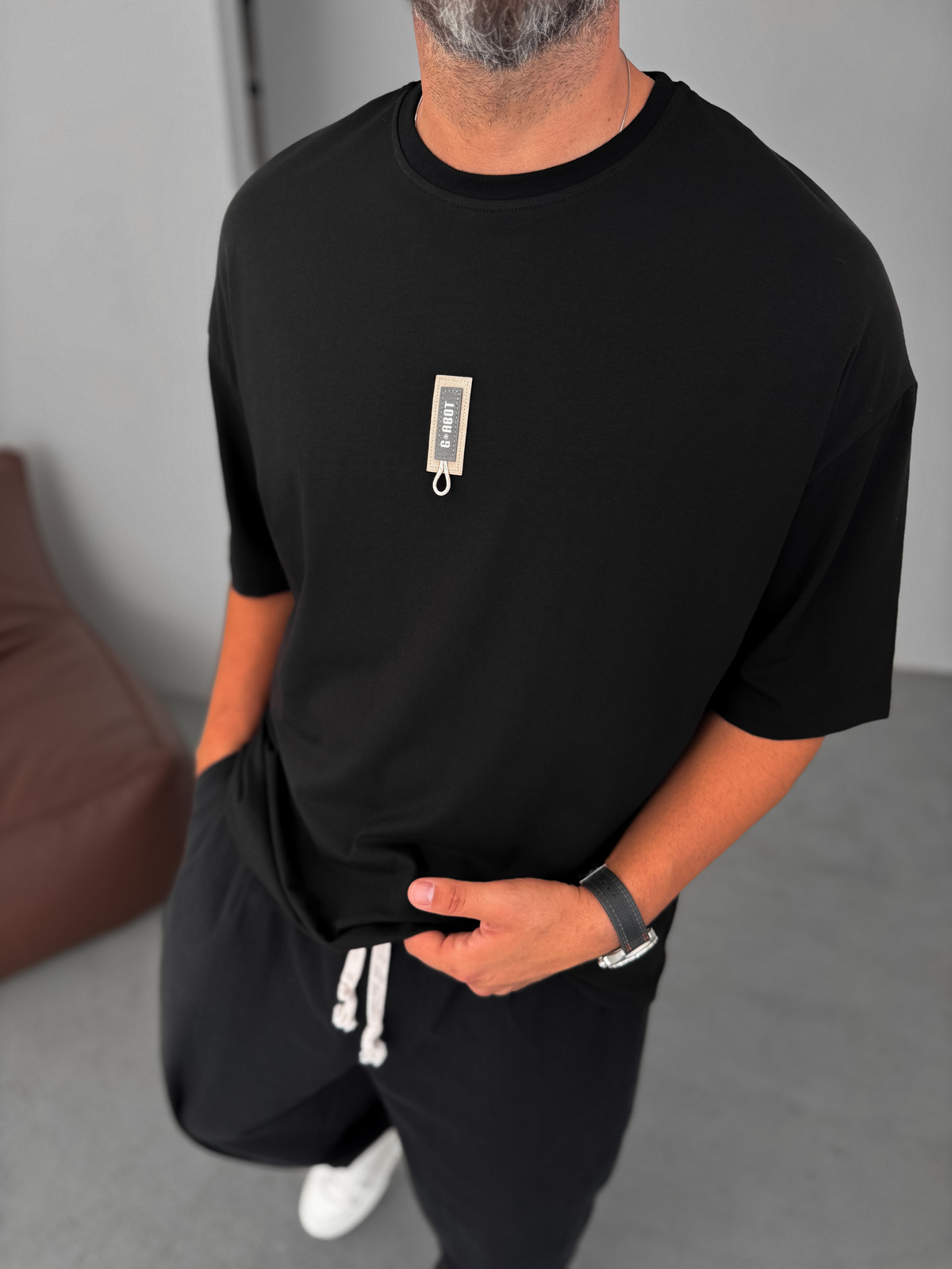 Siyah G- İpli Patchli Oversize T-Shirt BY-080