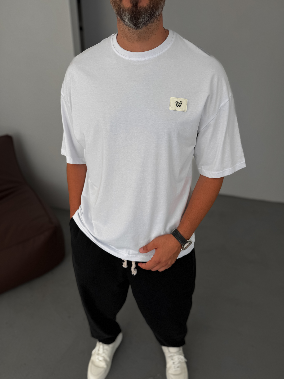 Beyaz W Patchli Oversize T-Shirt BY-083