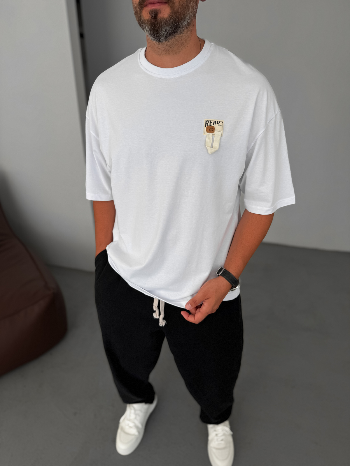 Beyaz Ready İpli Patchli Oversize T-Shirt BY-084