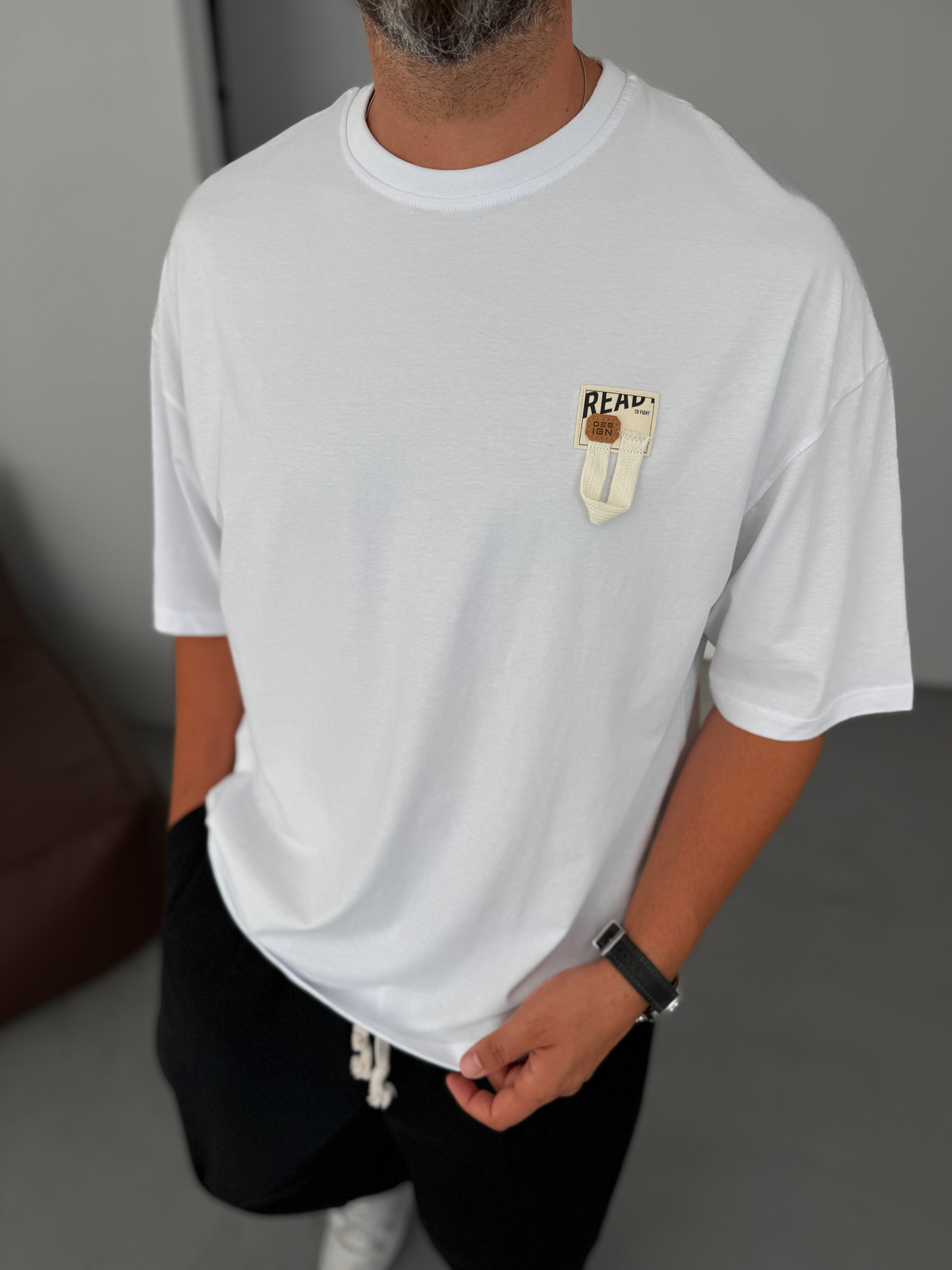 Beyaz Ready İpli Patchli Oversize T-Shirt BY-084
