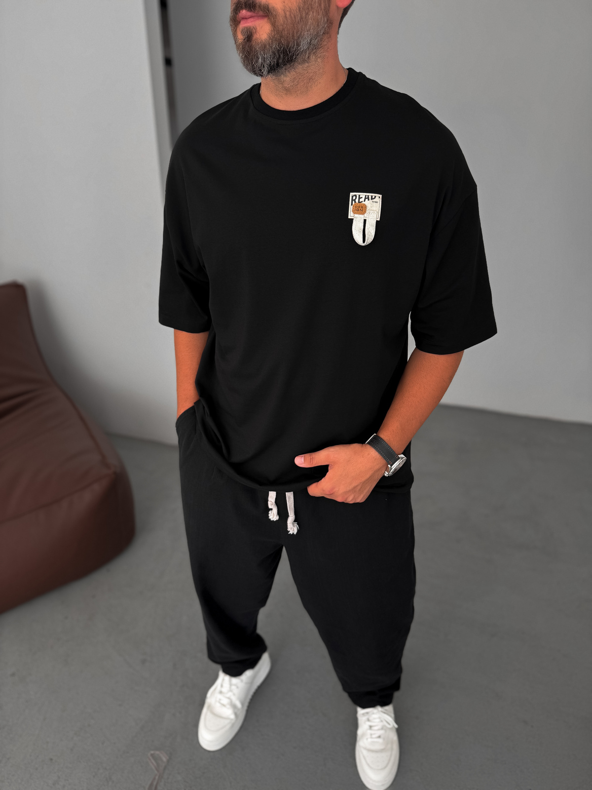 Siyah Ready İpli Patchli Oversize T-Shirt BY-084