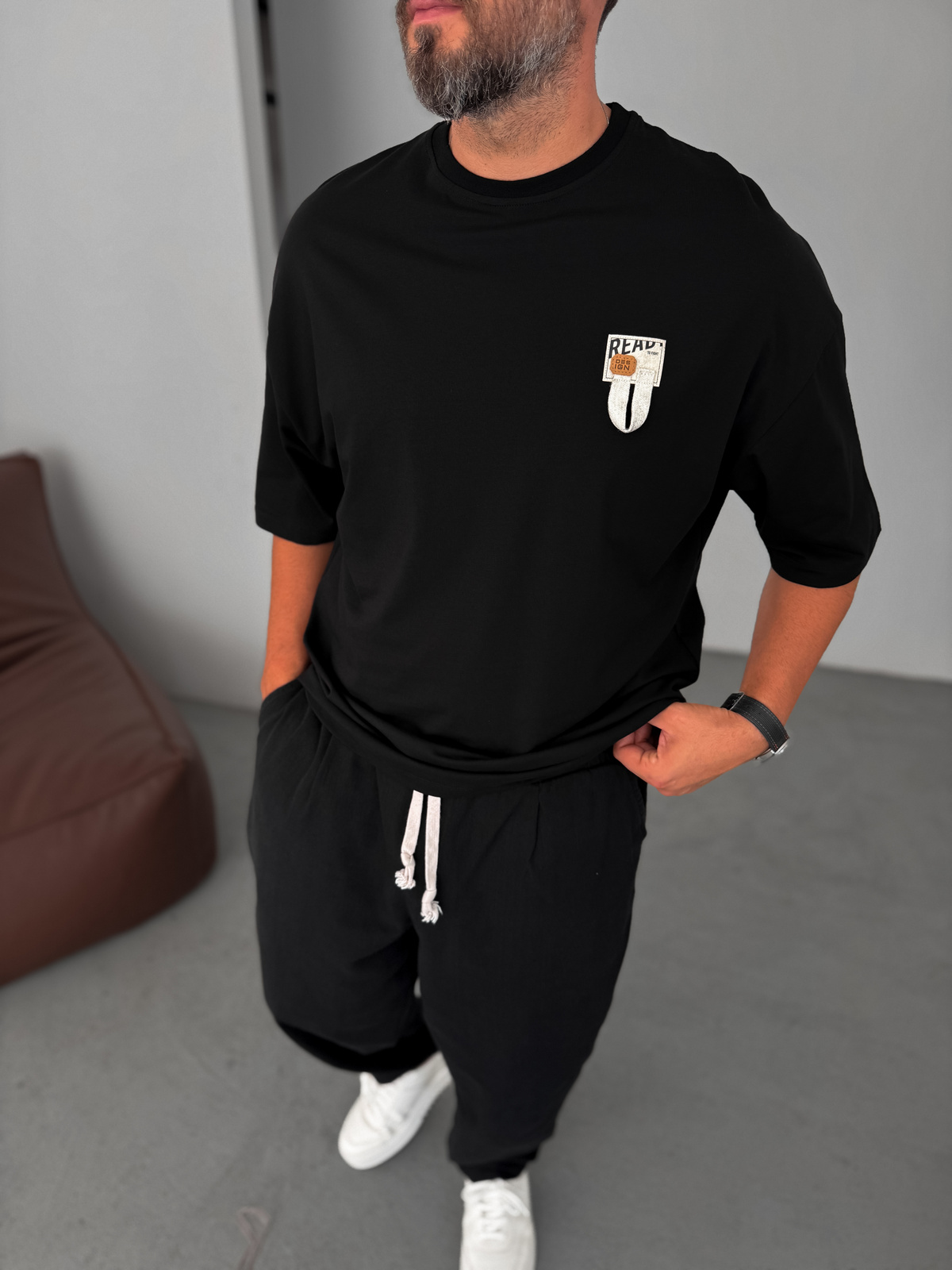 Siyah Ready İpli Patchli Oversize T-Shirt BY-084