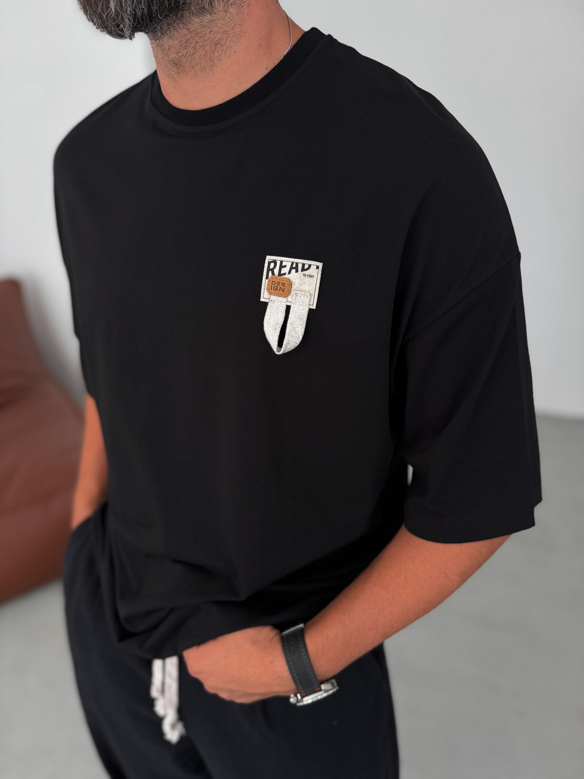 Siyah Ready İpli Patchli Oversize T-Shirt BY-084
