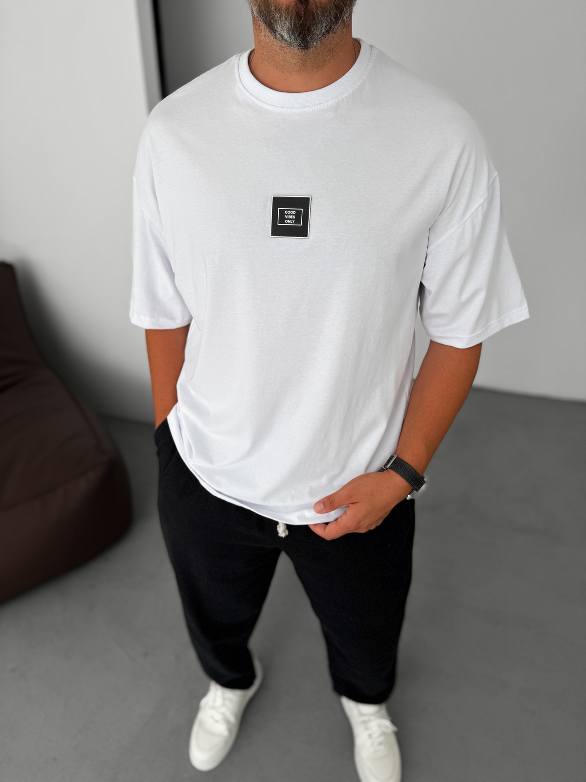 Beyaz Good Vibes Patchli Oversize T-Shirt BY-085