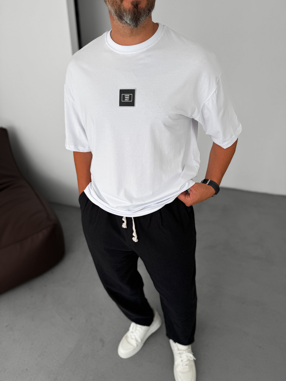 Beyaz Good Vibes Patchli Oversize T-Shirt BY-085