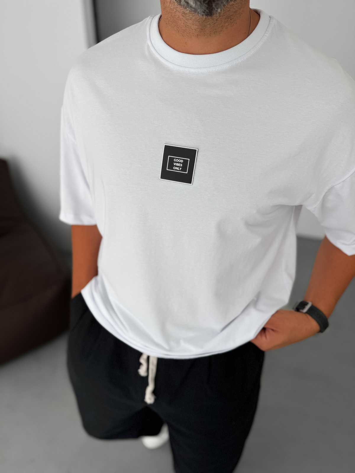 Beyaz Good Vibes Patchli Oversize T-Shirt BY-085