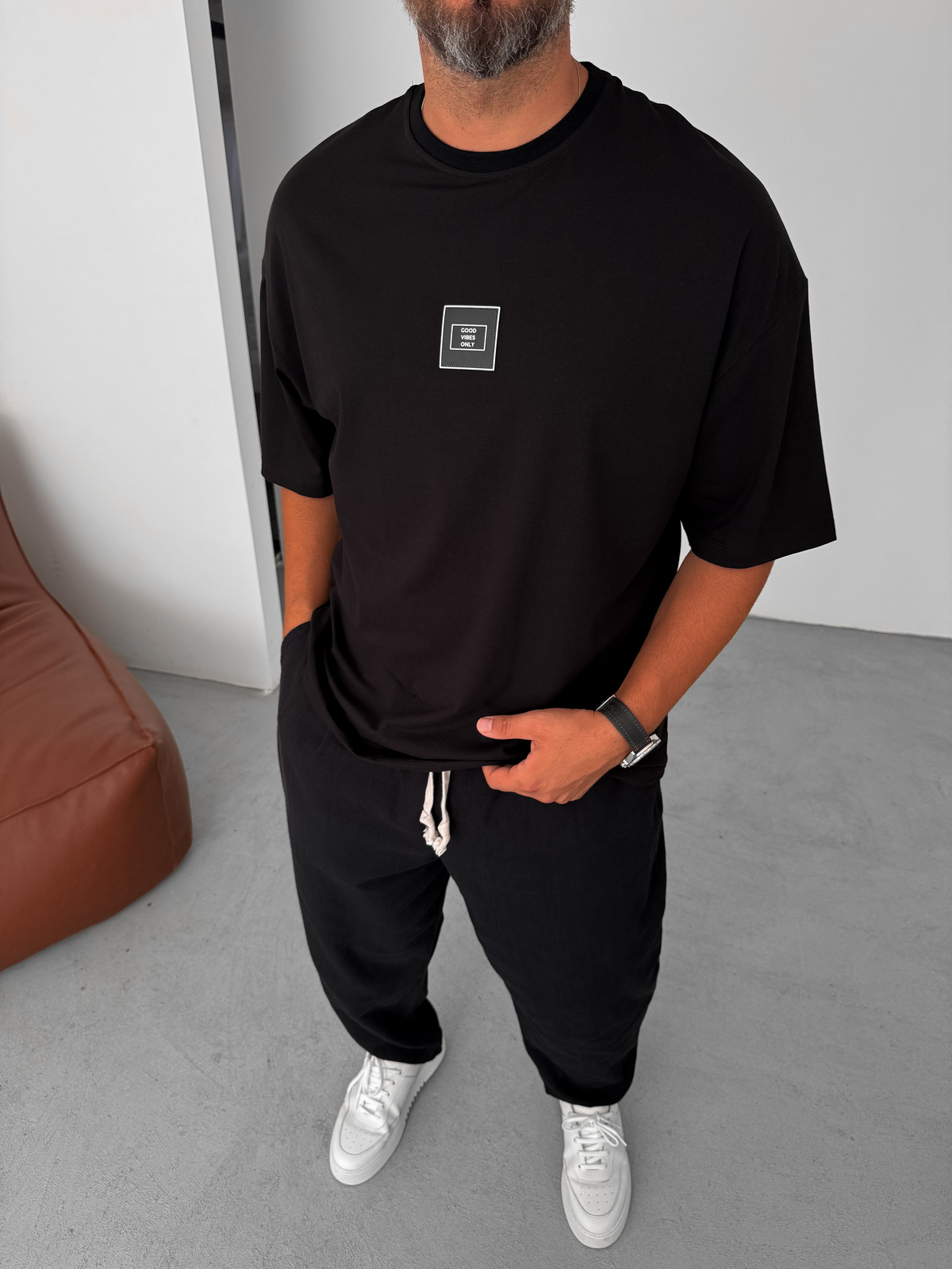 Siyah Good Vibes Patchli Oversize T-Shirt BY-085