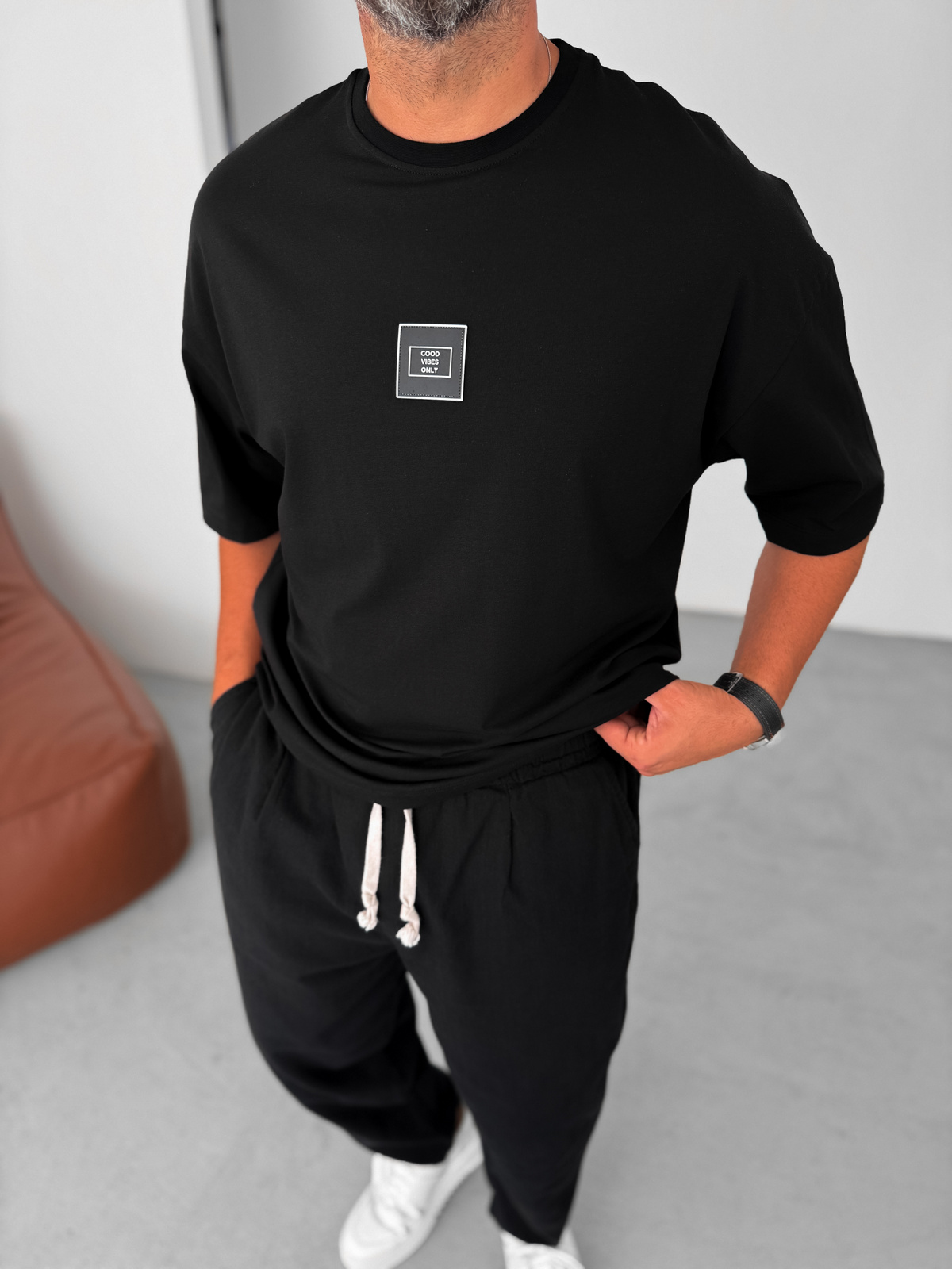 Siyah Good Vibes Patchli Oversize T-Shirt BY-085