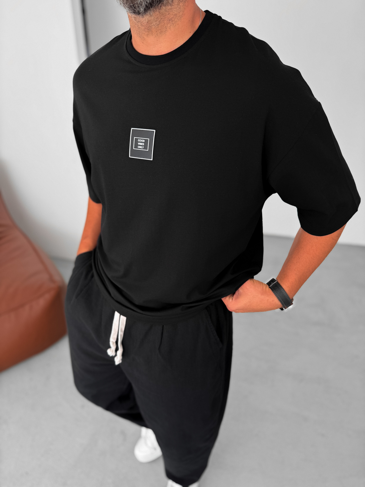 Siyah Good Vibes Patchli Oversize T-Shirt BY-085