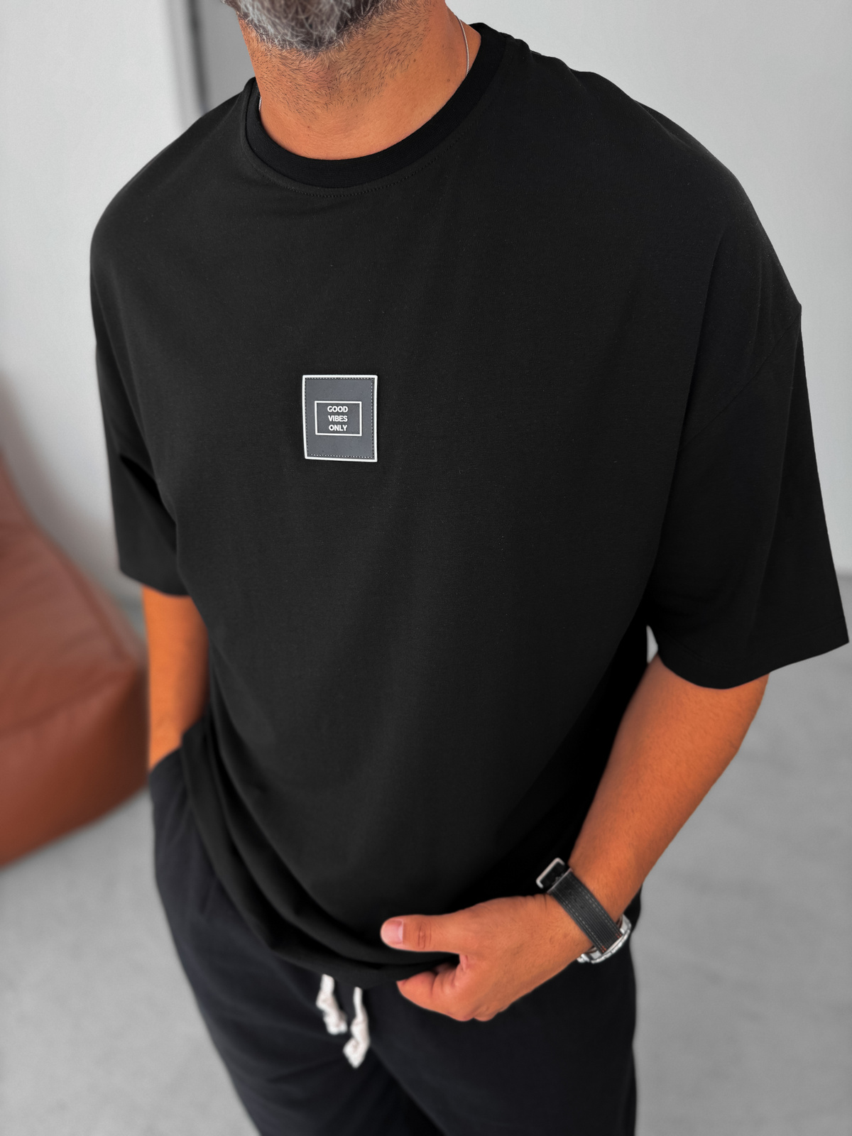 Siyah Good Vibes Patchli Oversize T-Shirt BY-085