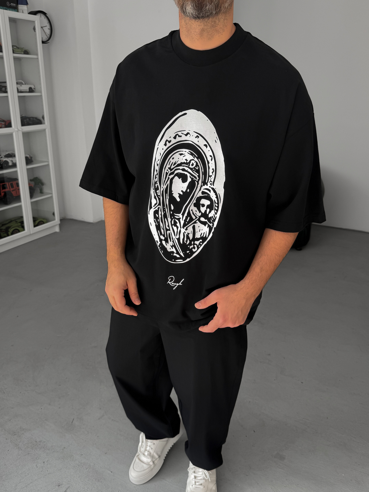 Siyah Rough Baskılı Oversize T-Shirt BS-
