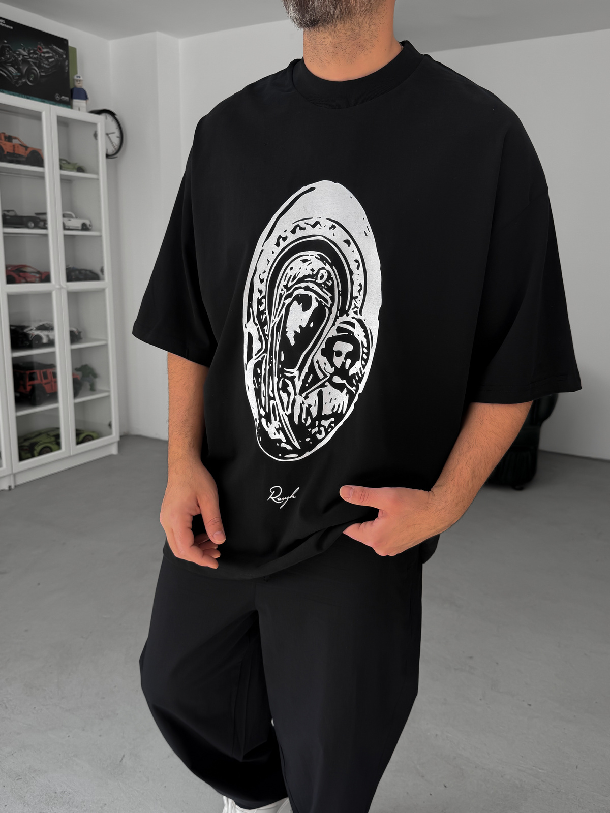 Siyah Rough Baskılı Oversize T-Shirt BS-