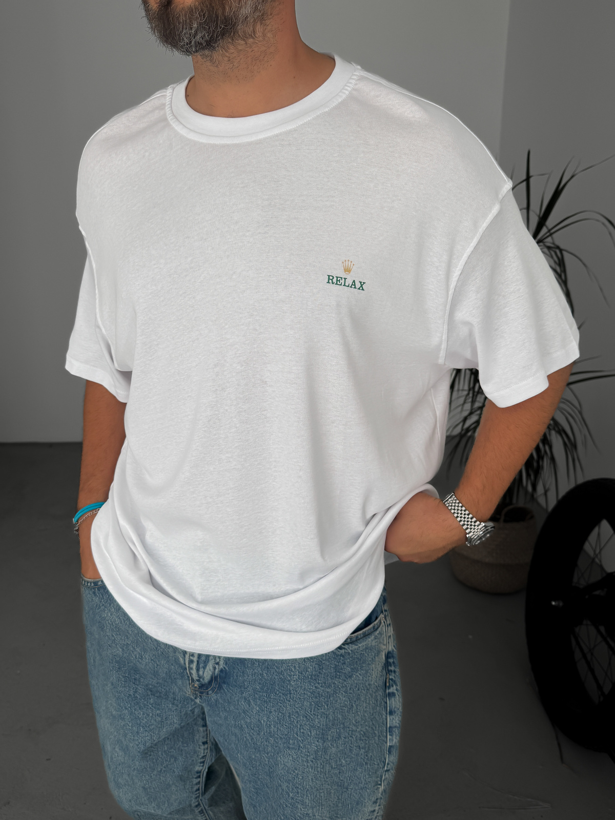 Beyaz Relax Baskılı T-Shirt C-111