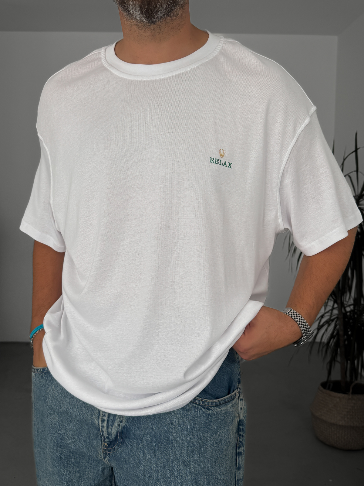 Beyaz Relax Baskılı T-Shirt C-111