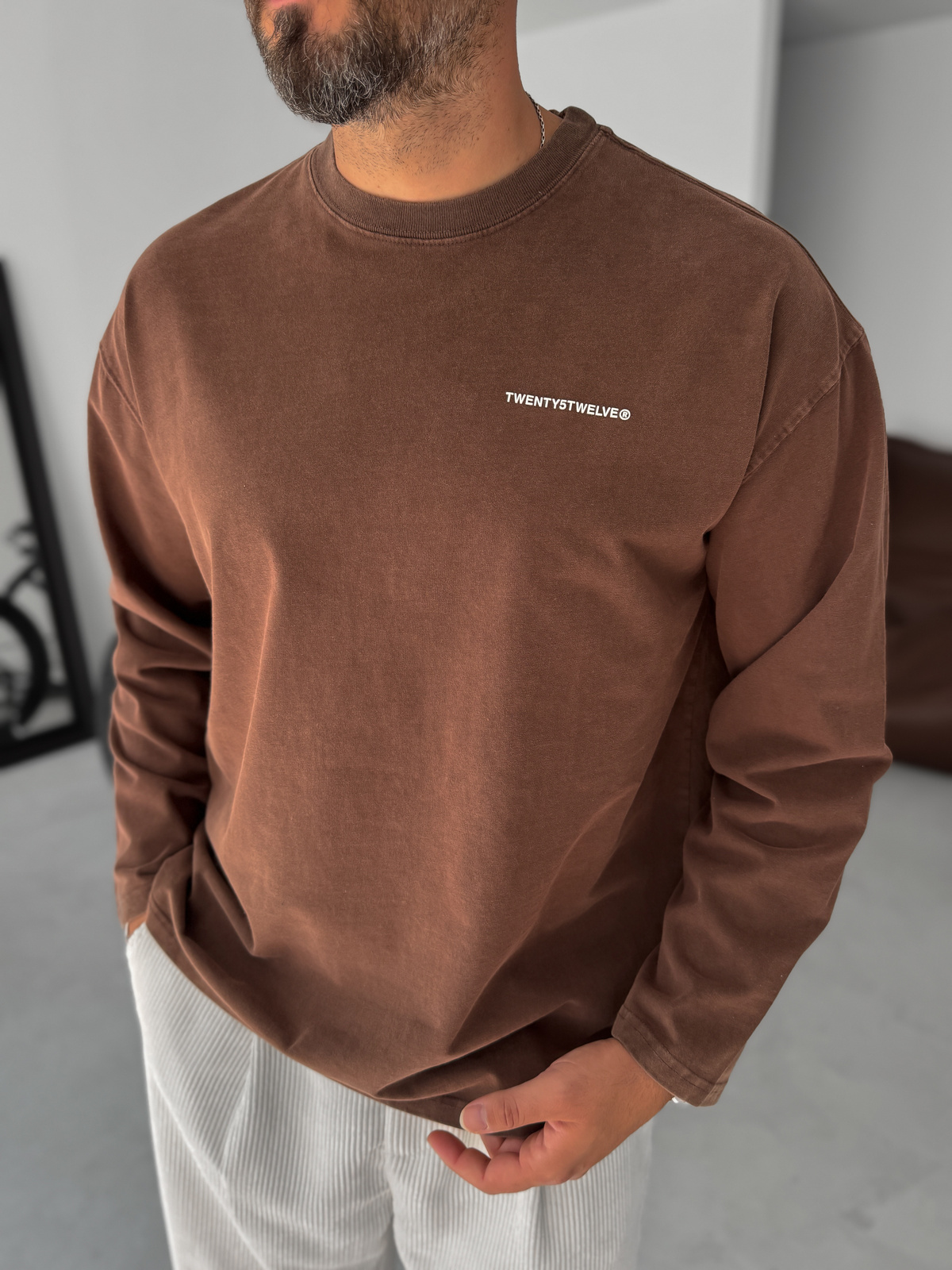 Kahve Yıkamalı Kabartmalı Sweatshirt TW-7023