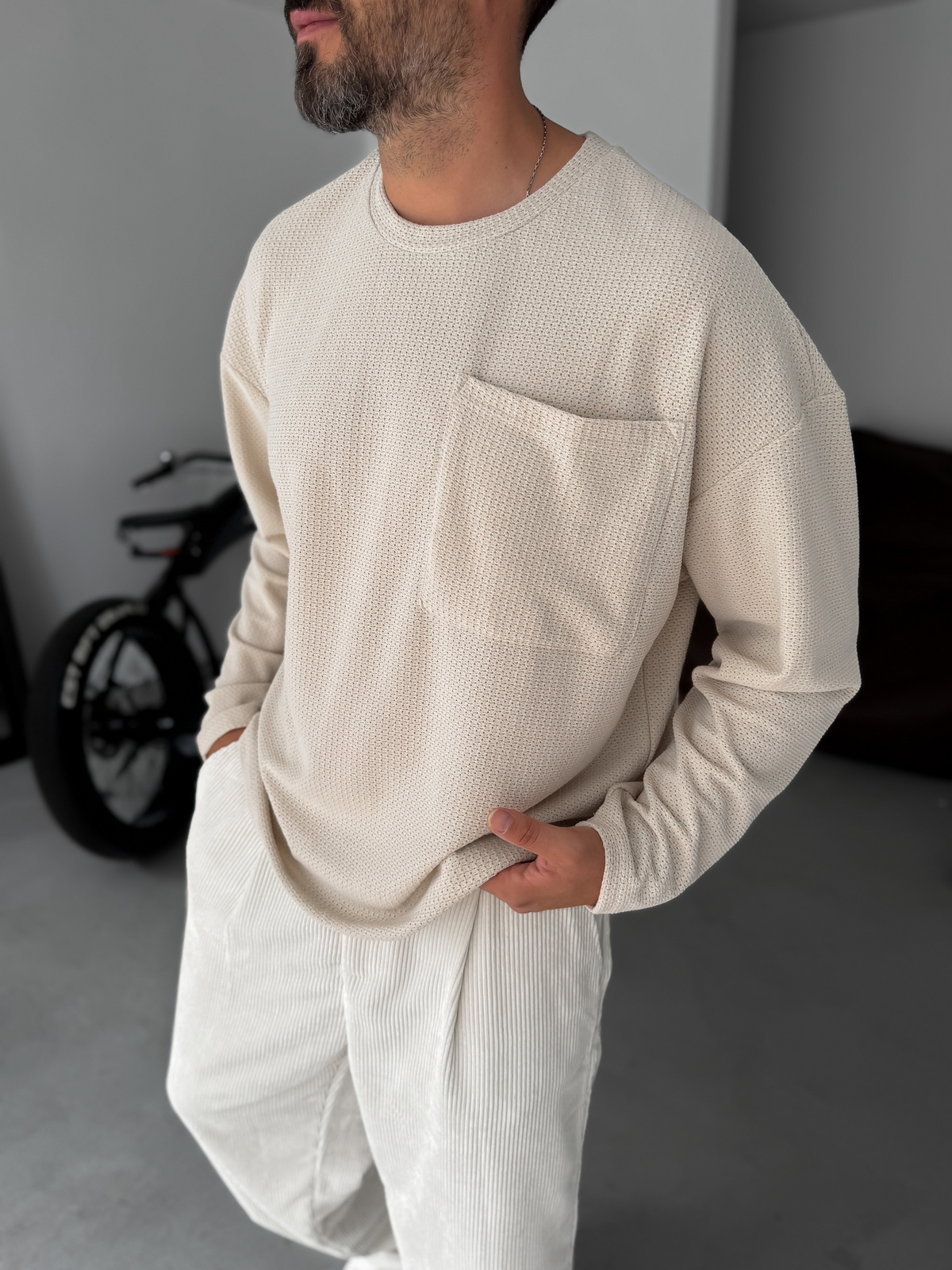 Bej Dokulu Örme Cepli Sweatshirt TW-1561