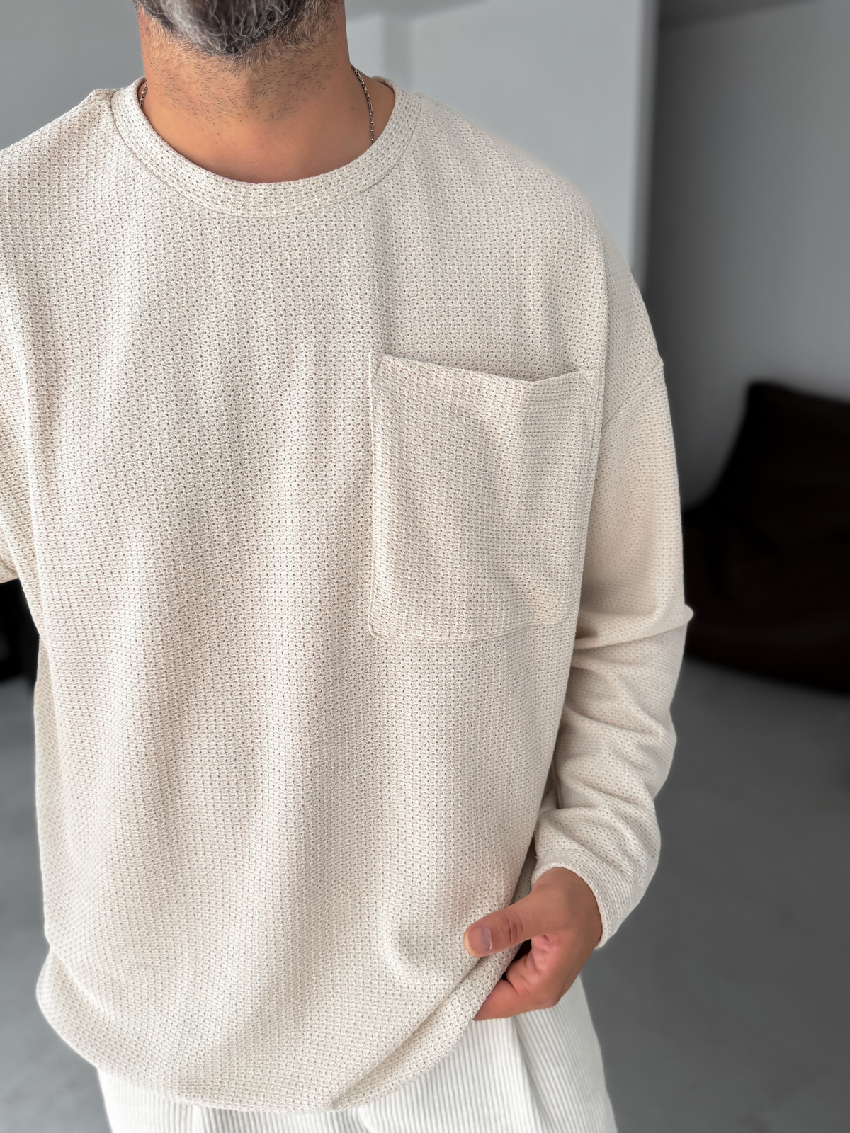 Bej Dokulu Örme Cepli Sweatshirt TW-1561