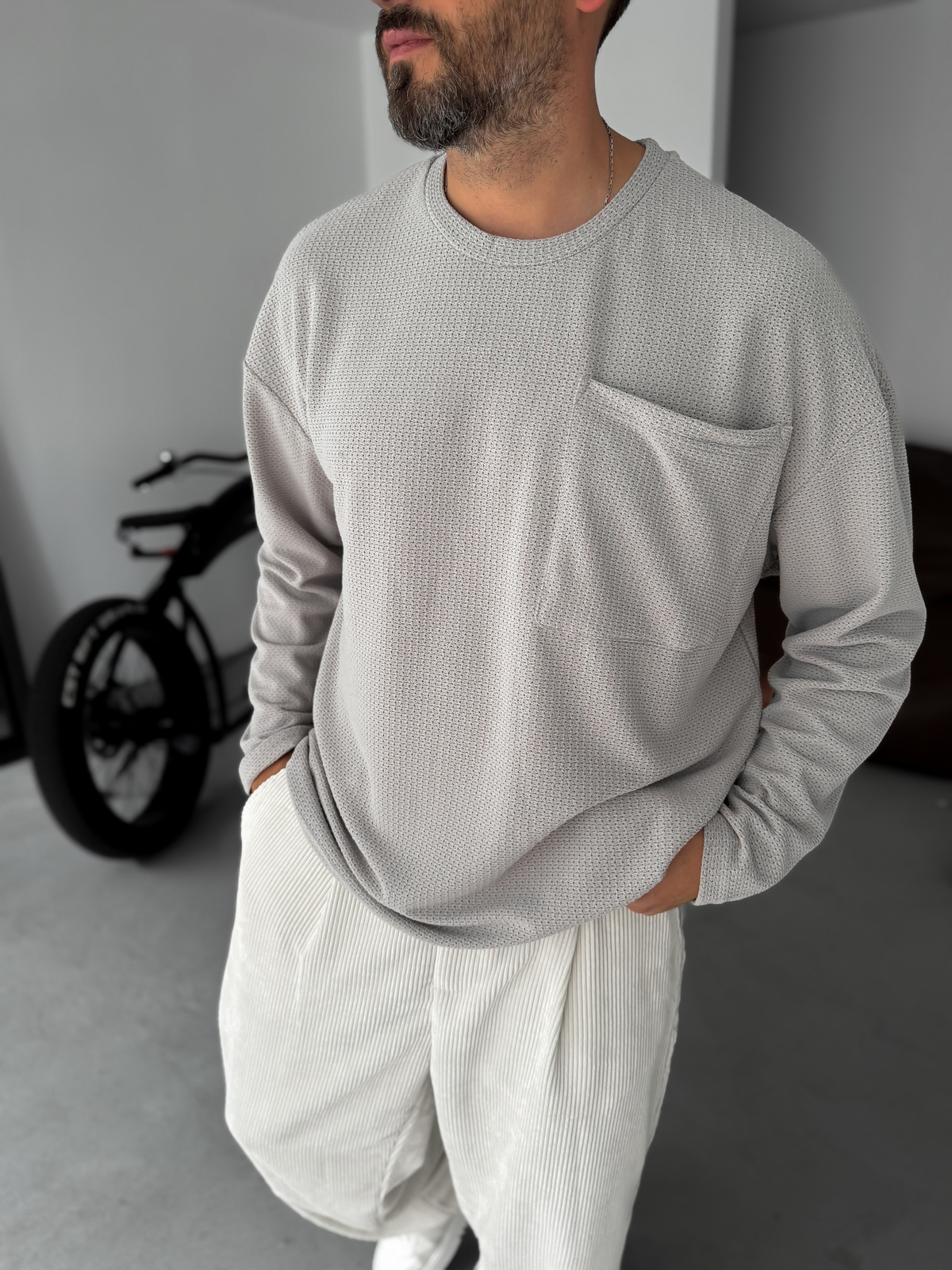 Gri Dokulu Örme Cepli Sweatshirt TW-1561