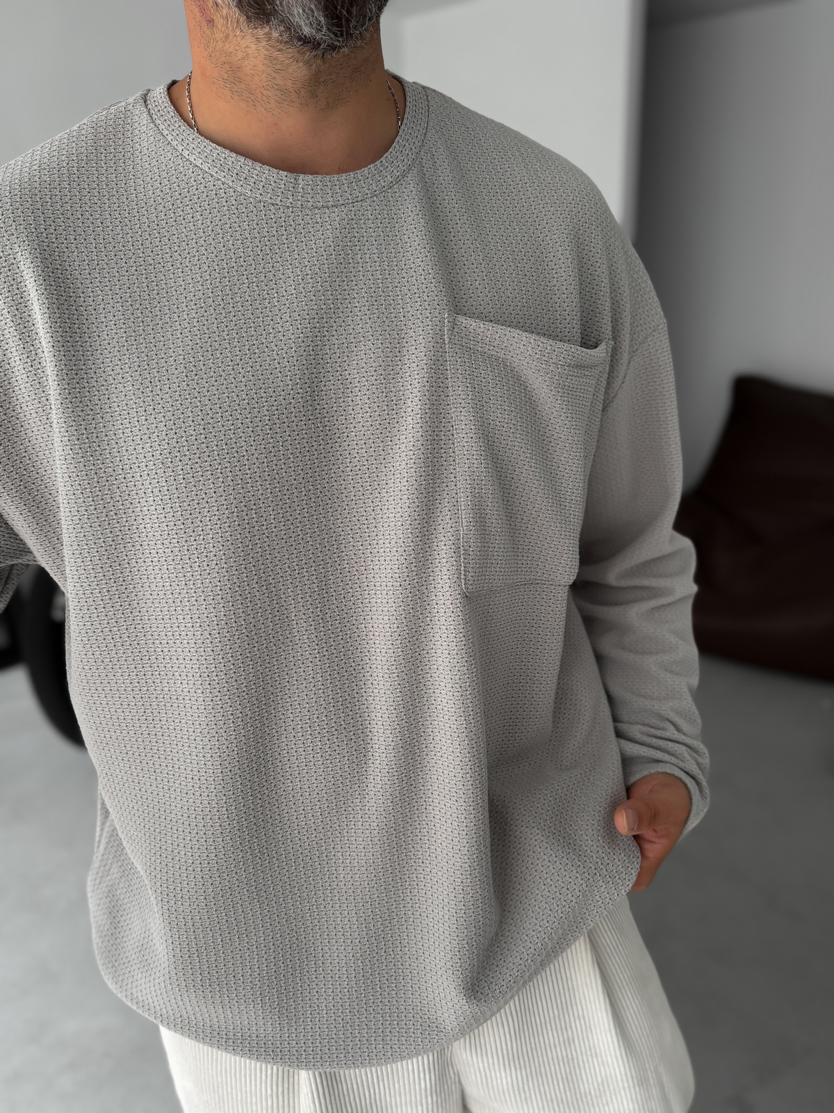 Gri Dokulu Örme Cepli Sweatshirt TW-1561