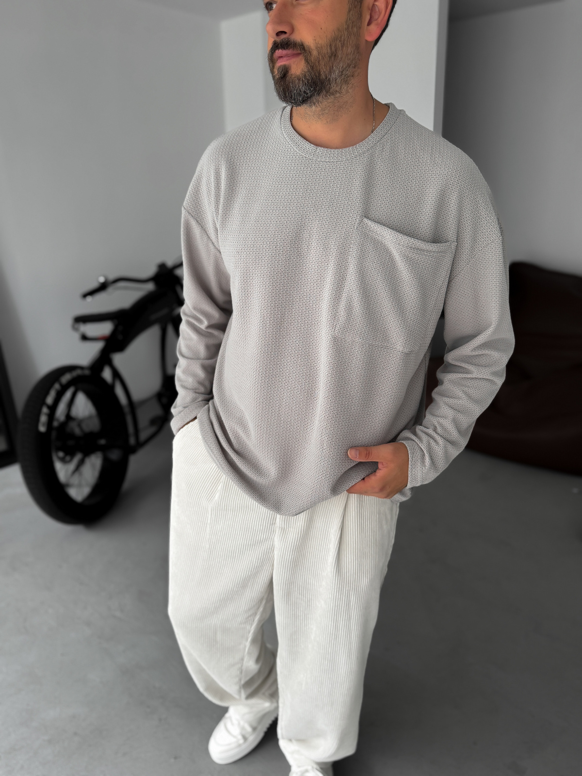 Gri Dokulu Örme Cepli Sweatshirt TW-1561