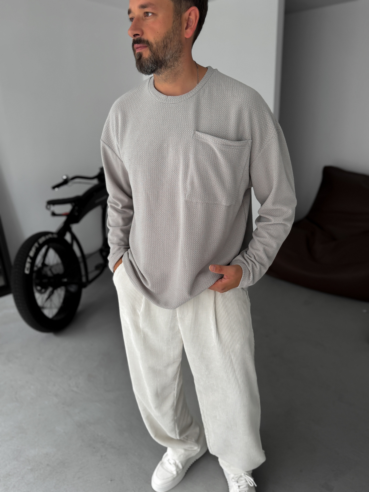Gri Dokulu Örme Cepli Sweatshirt TW-1561