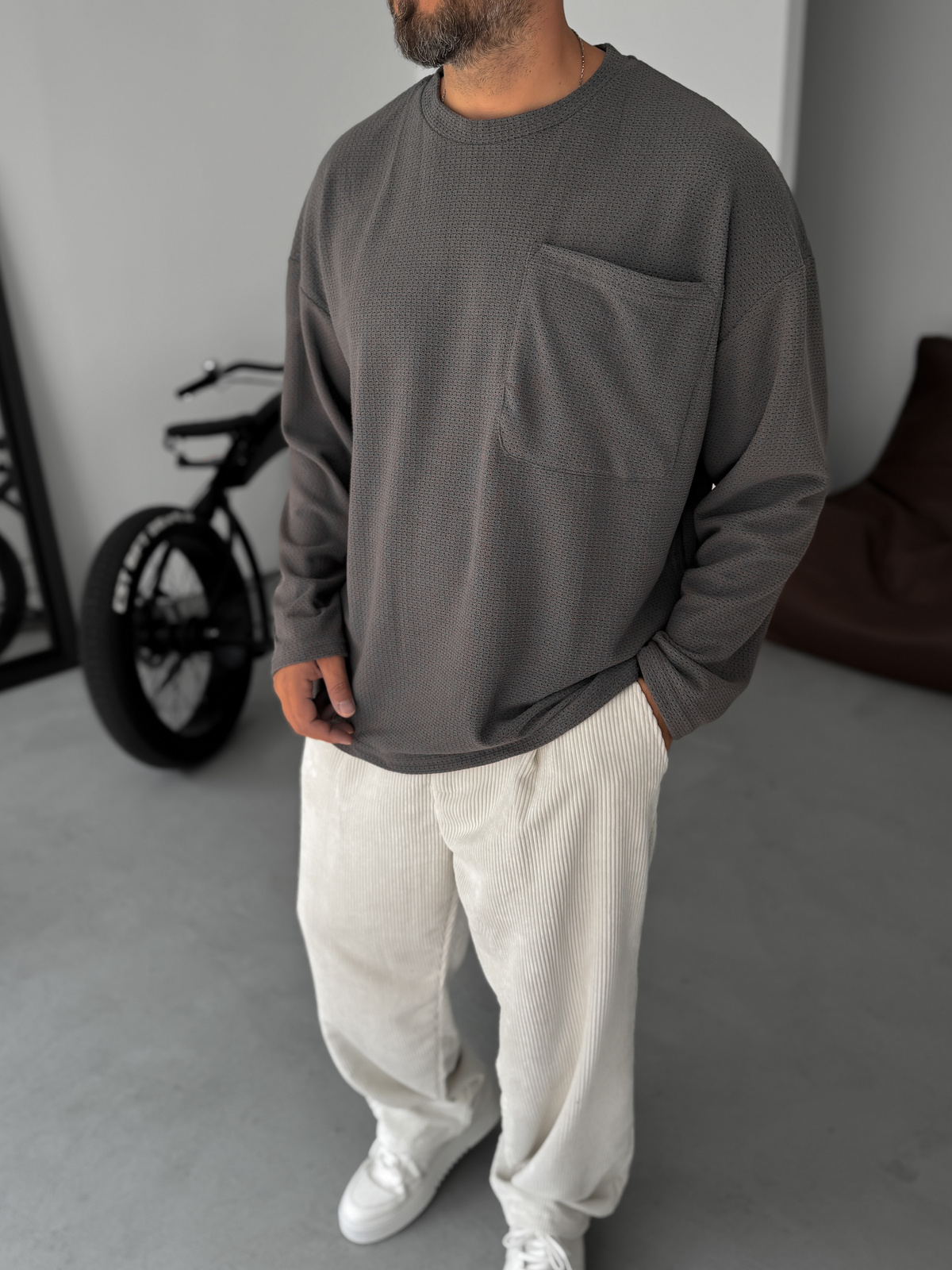 Antrasit Dokulu Örme Cepli Sweatshirt TW-1561