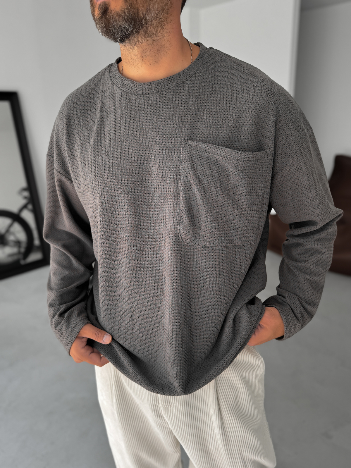 Antrasit Dokulu Örme Cepli Sweatshirt TW-1561