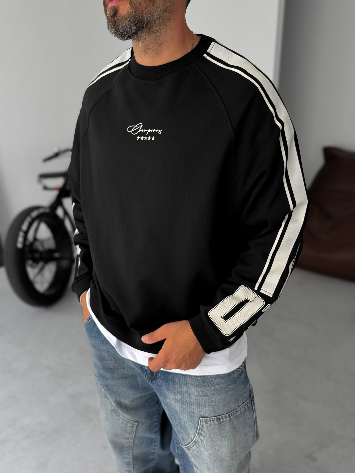 Siyah Champions Baskılı Parçalı Sweatshirt JJ-110