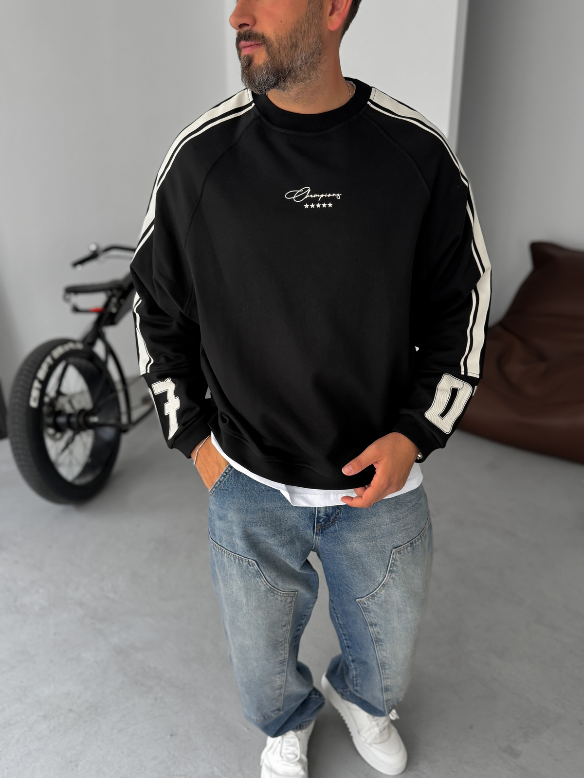 Siyah Champions Baskılı Parçalı Sweatshirt JJ-110
