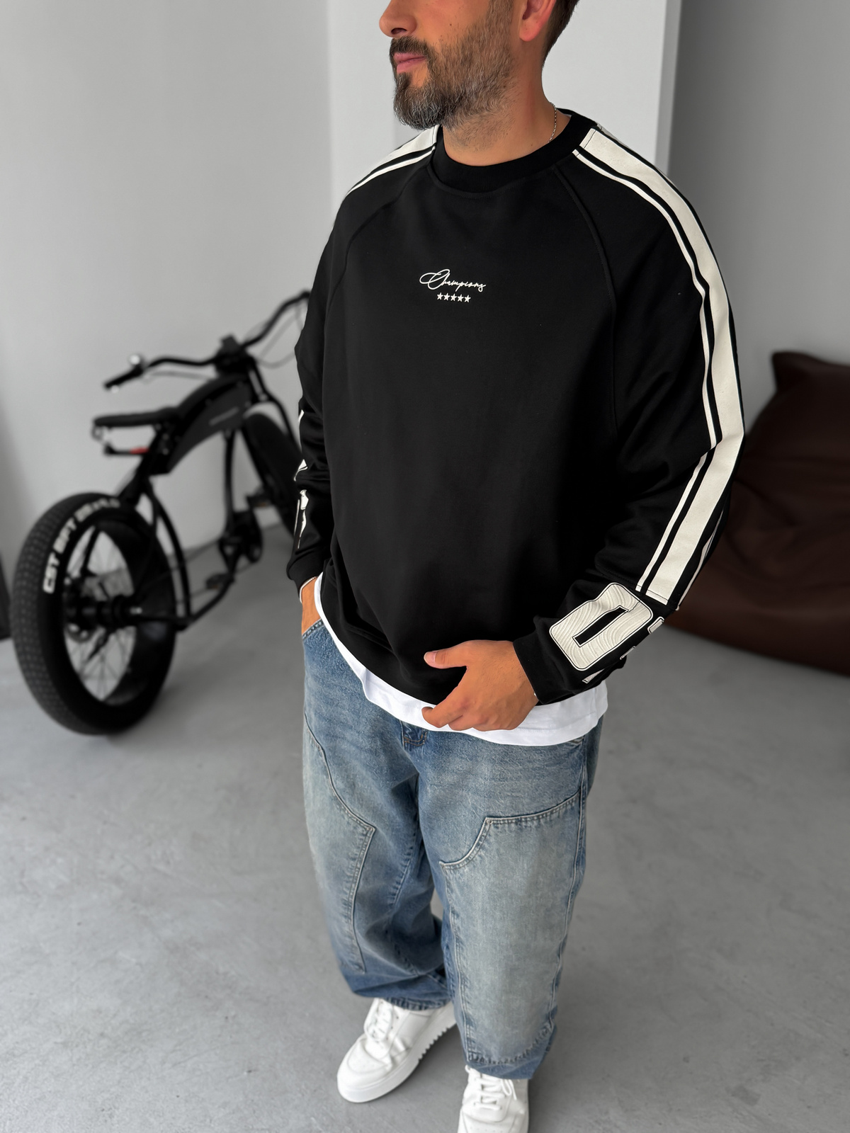 Siyah Champions Baskılı Parçalı Sweatshirt JJ-110