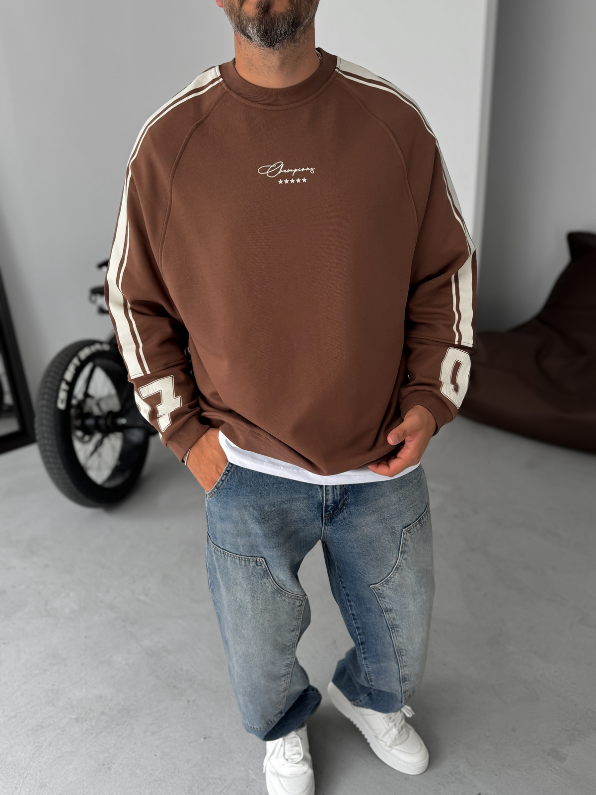 Kahve Champions Baskılı Parçalı Sweatshirt JJ-110
