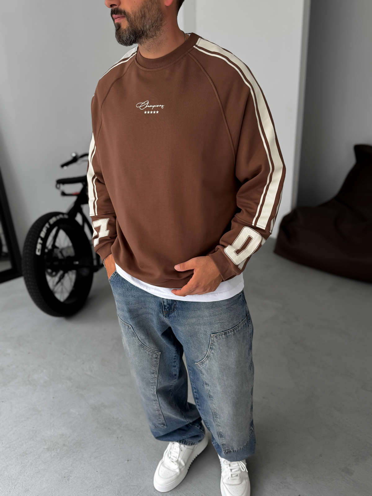 Kahve Champions Baskılı Parçalı Sweatshirt JJ-110