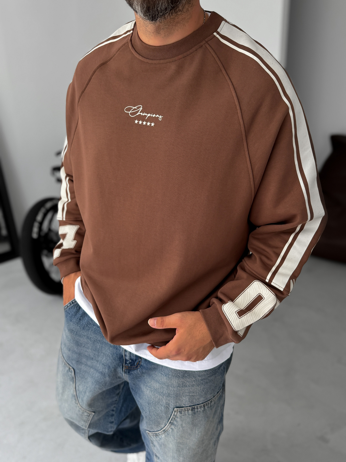 Kahve Champions Baskılı Parçalı Sweatshirt JJ-110