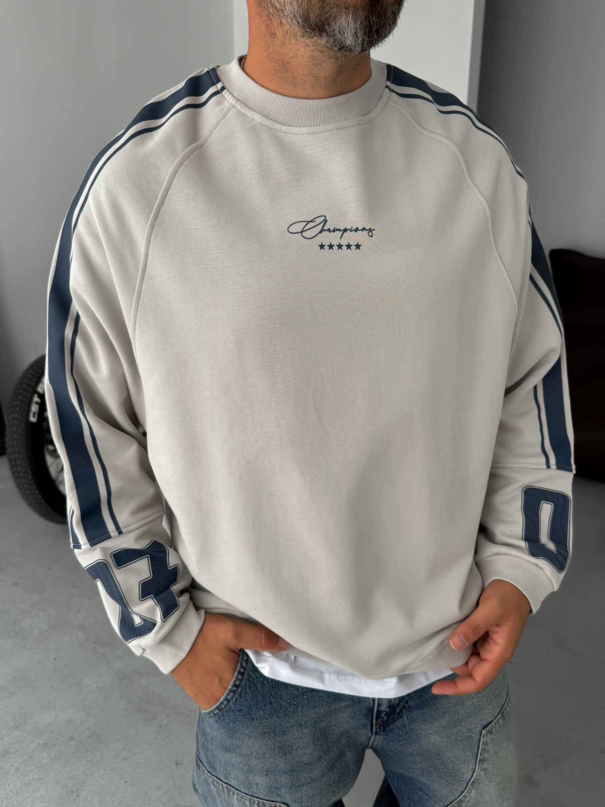 Gri Champions Baskılı Parçalı Sweatshirt JJ-110